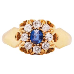 Mid-Victorian Sapphire & Diamond 18 Carat Yellow Gold Antique Cluster Ring, 1876