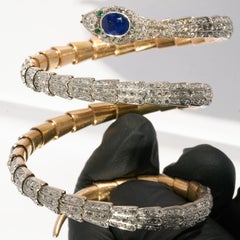 Mid-Victorian Sapphire, Emerald and Diamond Coiling Snake Bangle