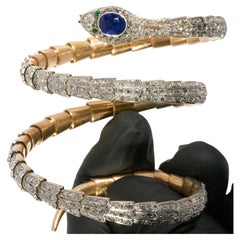 Mid-Victorian Sapphire, Emerald and Diamond Coiling Snake Bangle