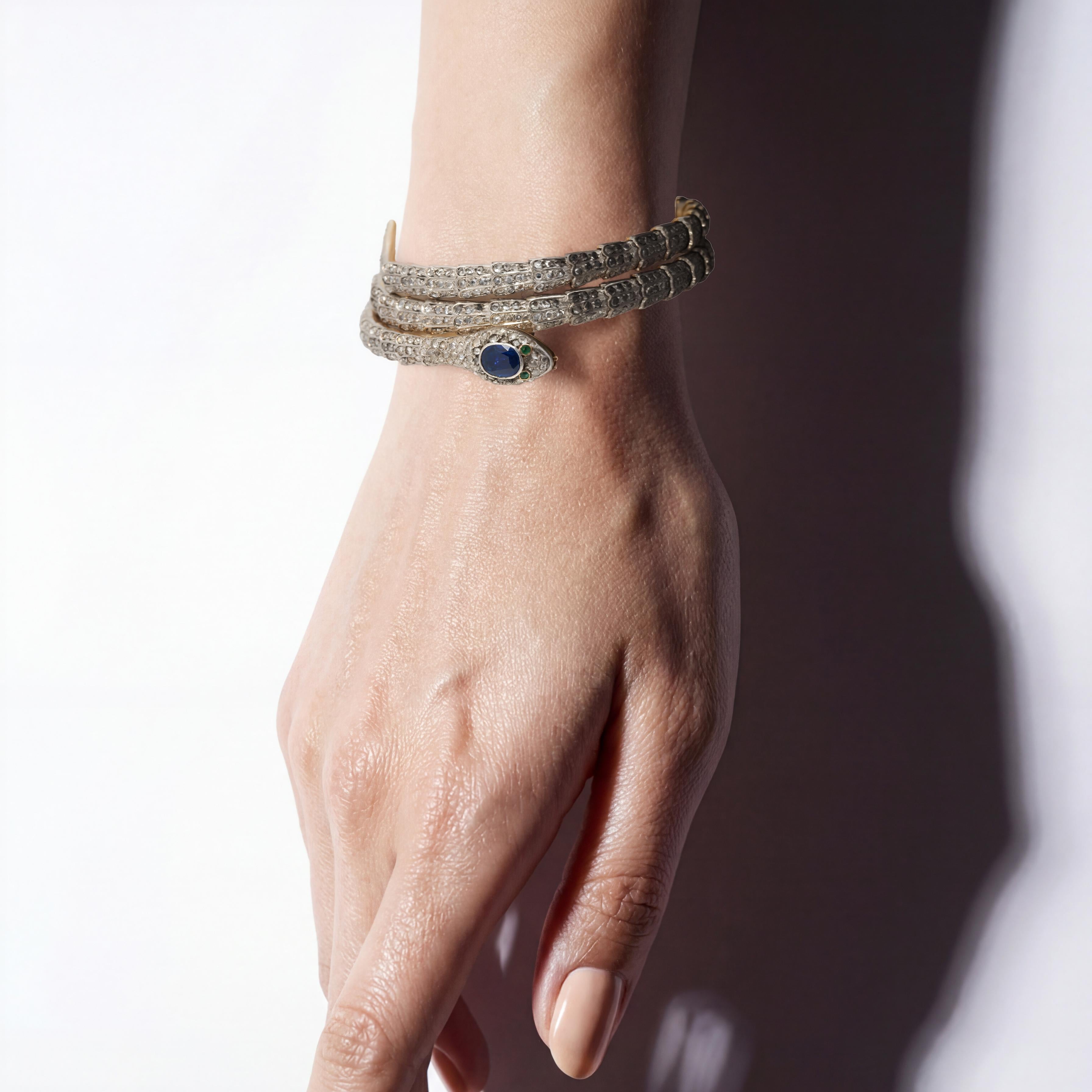 Mid-Victorian Sapphire, Emerald and Diamond Coiling Snake Bangle For Sale