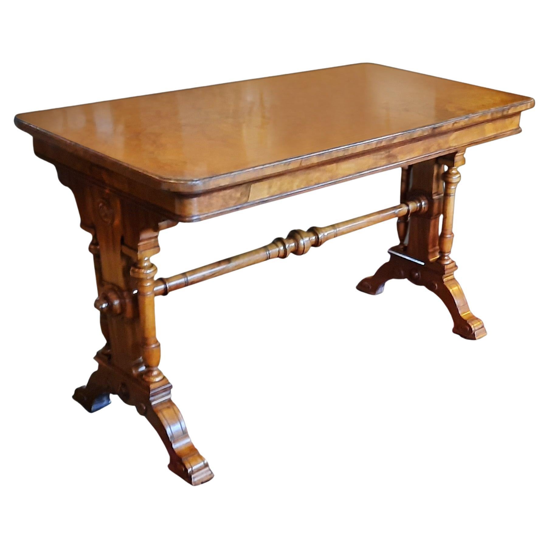 Mid Victorian Walnut and Burr Walnut Stretcher Table