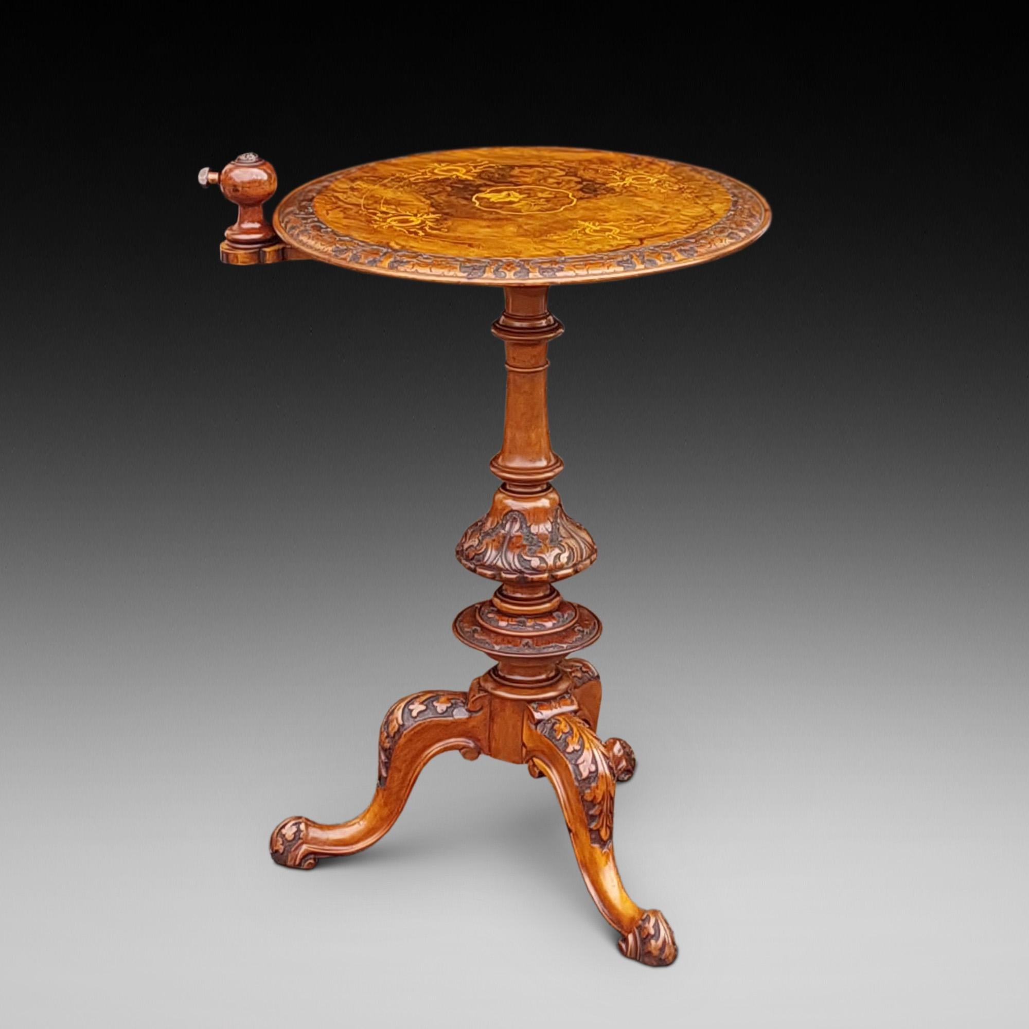 Mid Victorian Walnut Candle Stand Occasional Table with Carved and Marquetry Inlaid Top over central turned baluster column raised on tripod legs with rotating candle holder - 20