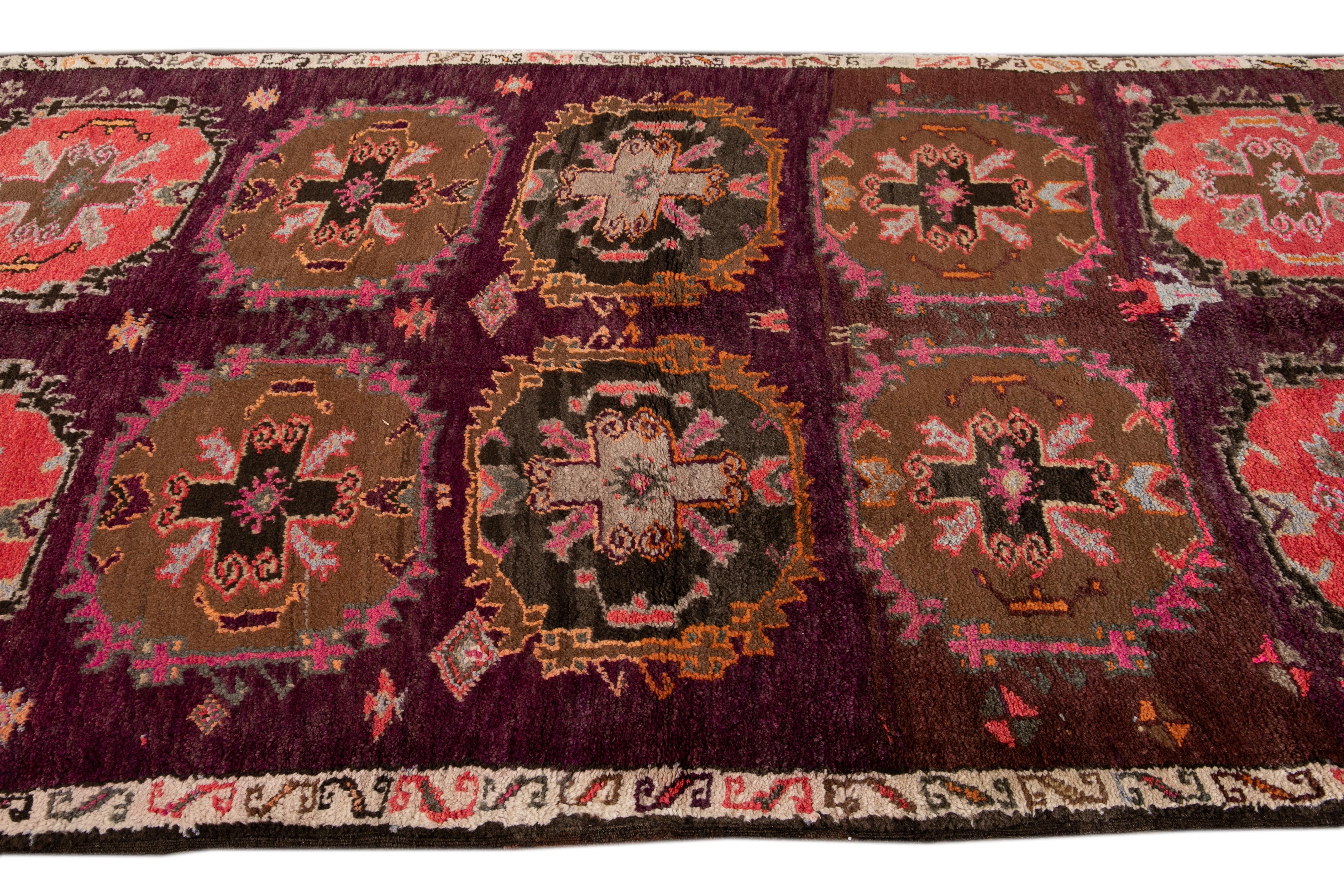 20th Century Mid-Vintage Turkish Handmade Purple Tribal Wool Runner For Sale