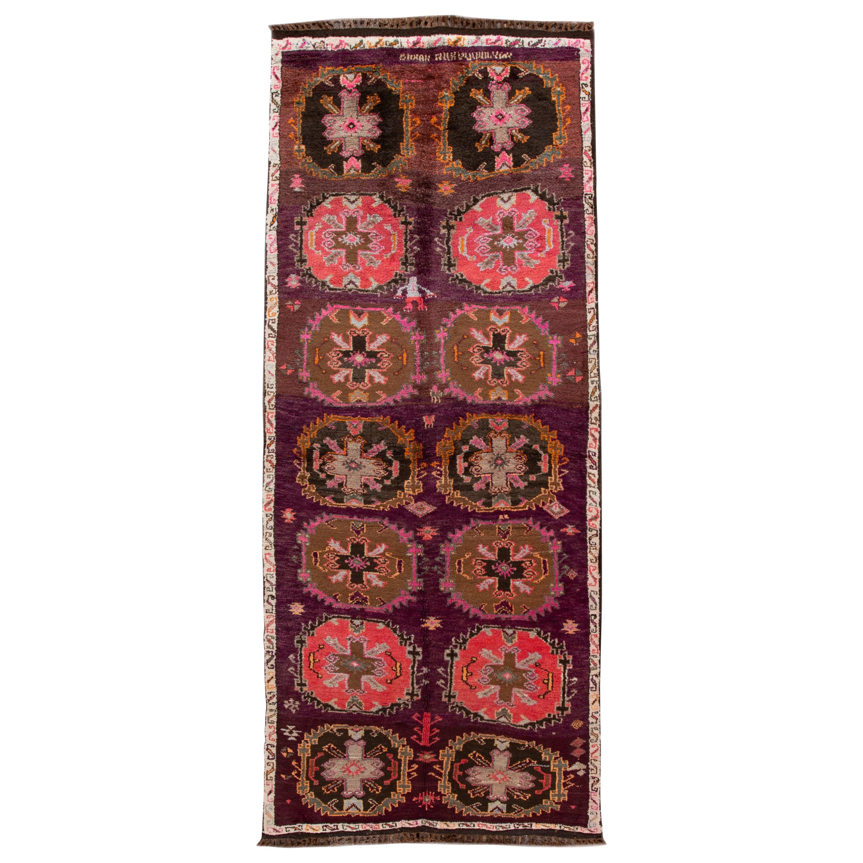 Mid-Vintage Turkish Handmade Purple Tribal Wool Runner For Sale