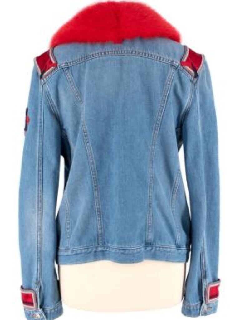 Ermanno Scervino mid-wash denim & red mink jacket
 

 - Mid weight, blue wash cotton denim body
 - Embroidered badge details 
 - Red mink fur collar 
 - Slip and patch pockets 
 - Silver tone button stand 
 

 Materials:
 Body: 100% Cotton
 Collar: