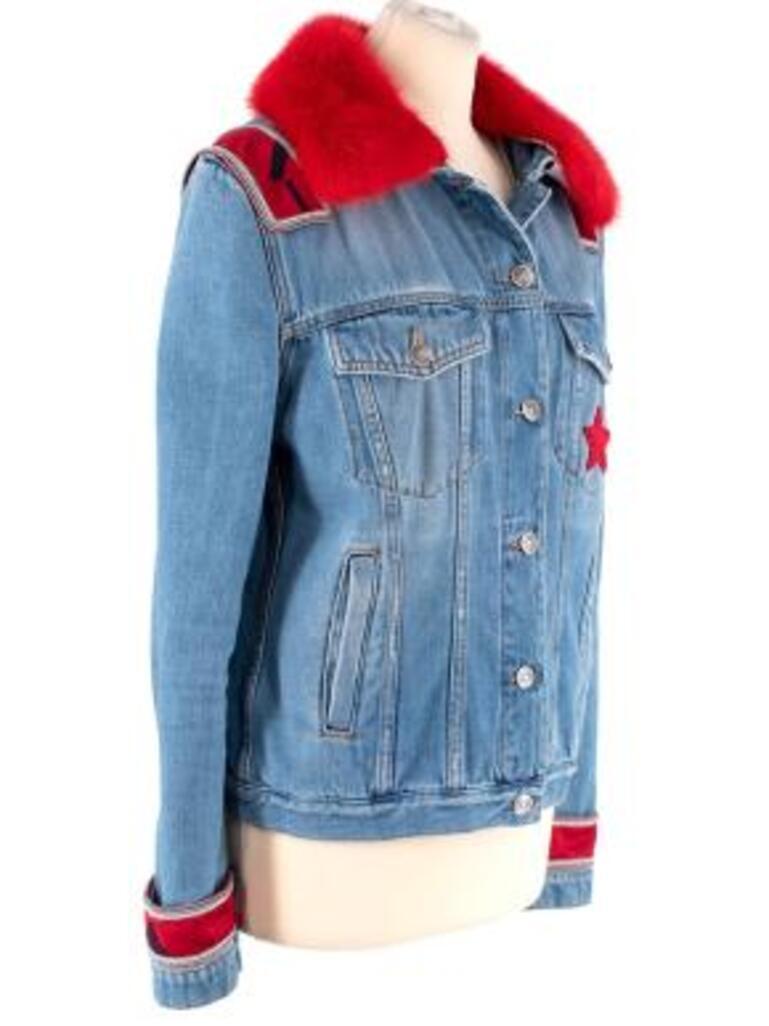 mid-wash denim & red mink jacket In Excellent Condition For Sale In London, GB