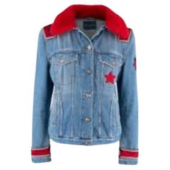 mid-wash denim & red mink jacket