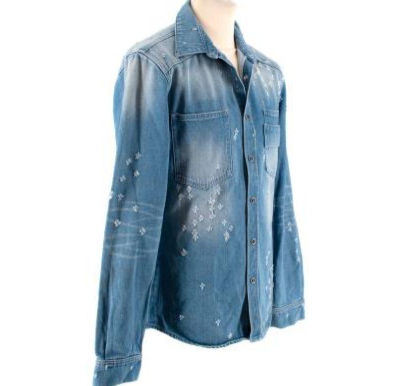 Blue Mid-Wash Distressed Denim Shirt For Sale