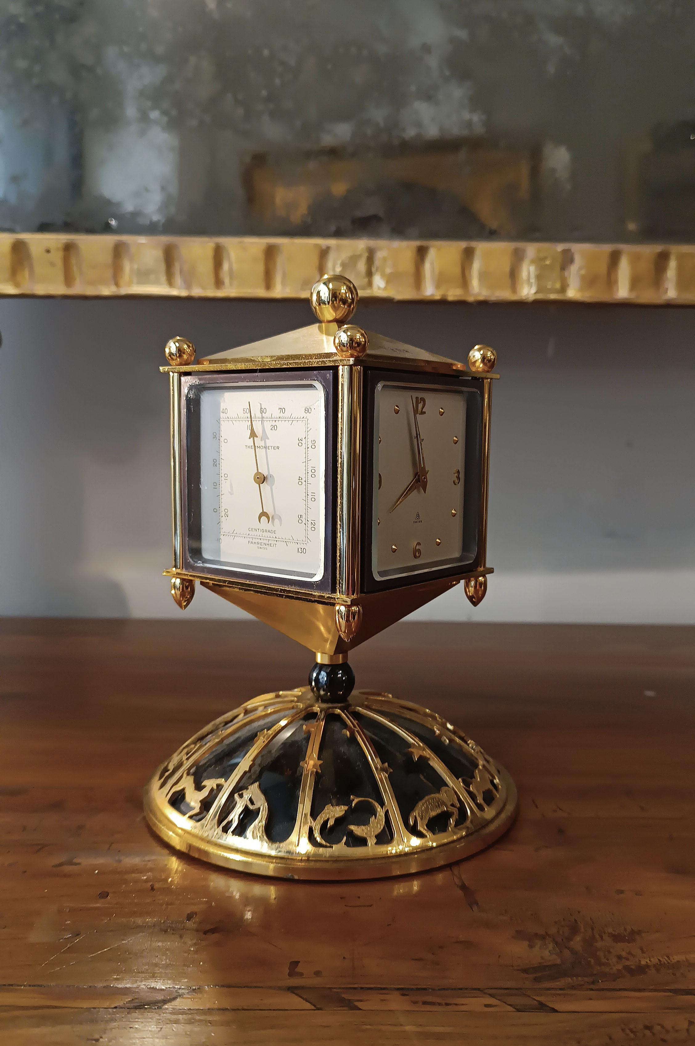Swiss MID-XXth CENTURY SMALL CLOCK AND BAROMETER IN GOLDEN METAL