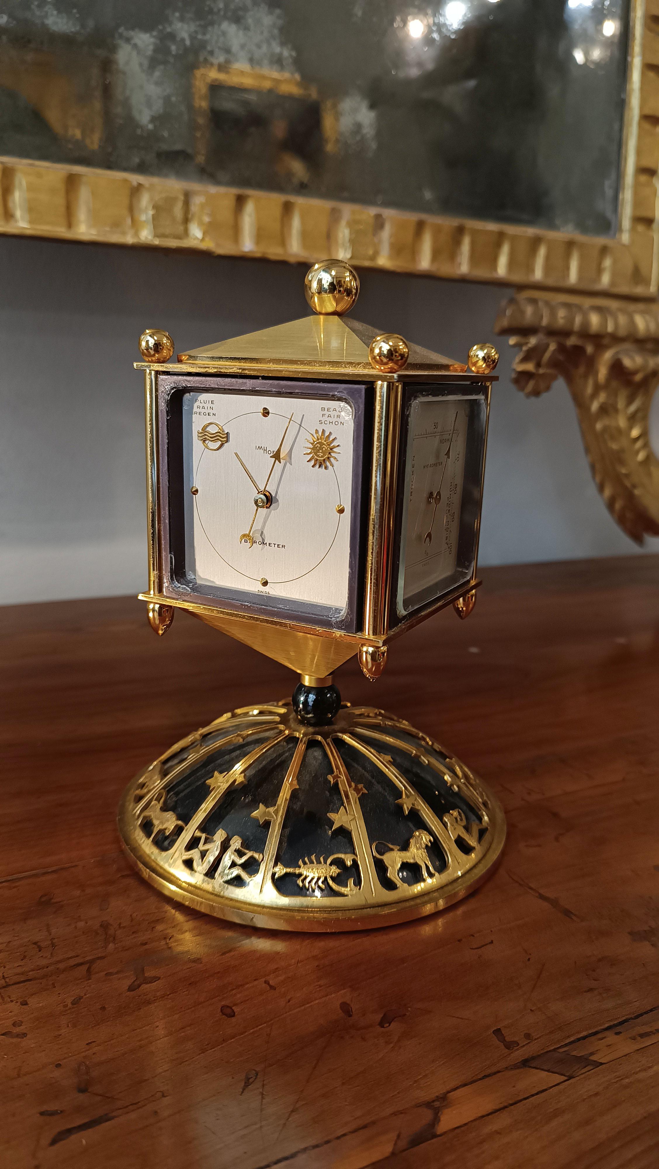MID-XXth CENTURY SMALL CLOCK AND BAROMETER IN GOLDEN METAL In Good Condition In Firenze, FI