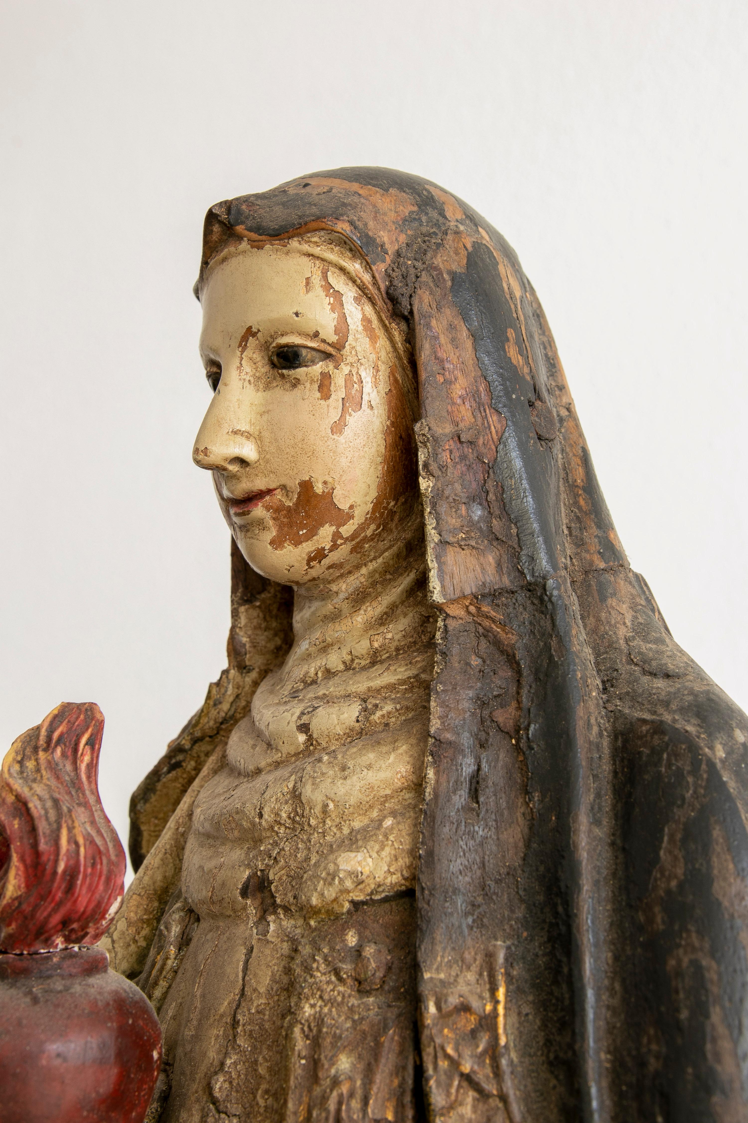 Mid19th Century Spanish Virgin Mary of the Sacred Heart Painted Wooden Sculpture For Sale 5