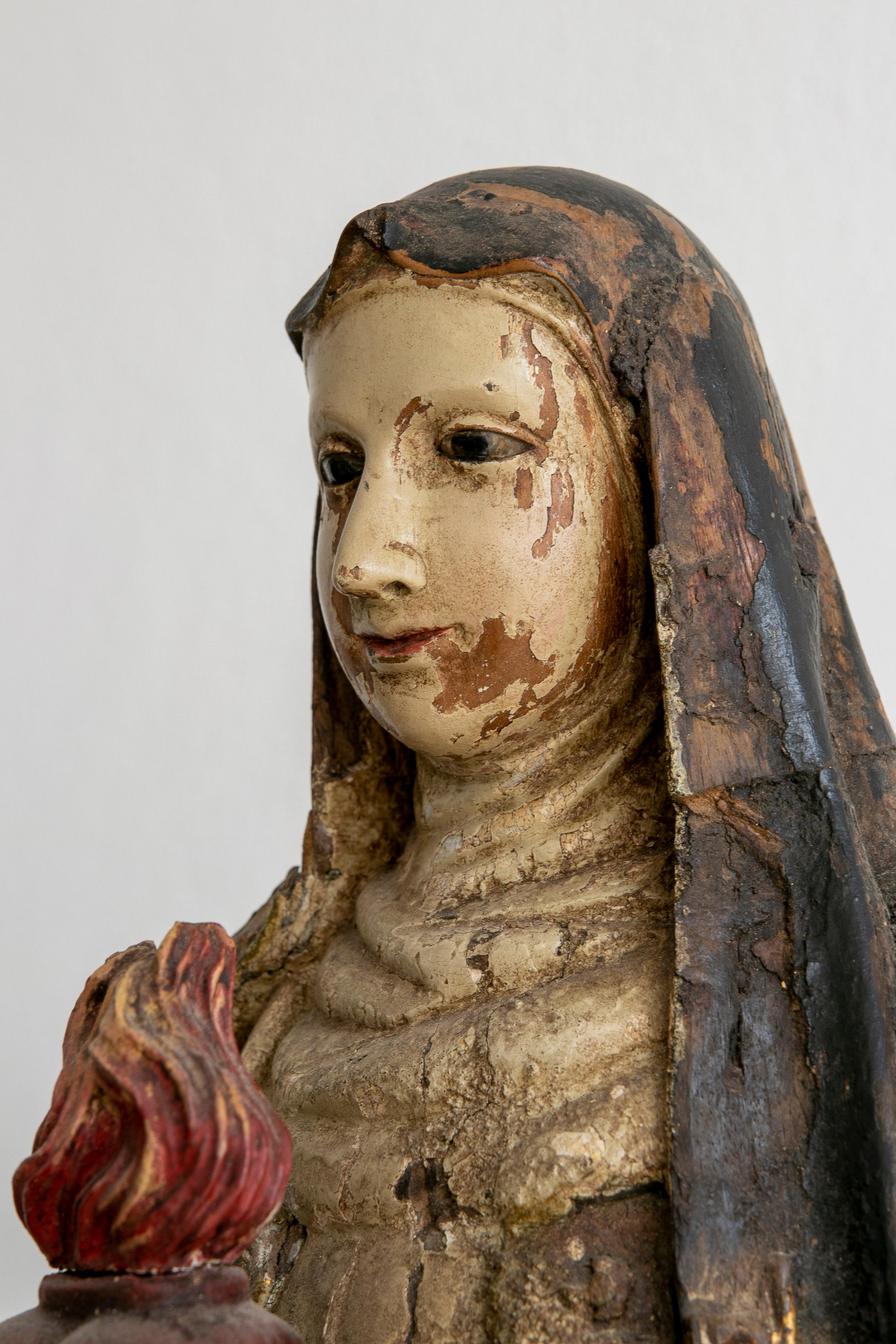 Mid19th Century Spanish Virgin Mary of the Sacred Heart Painted Wooden Sculpture For Sale 10