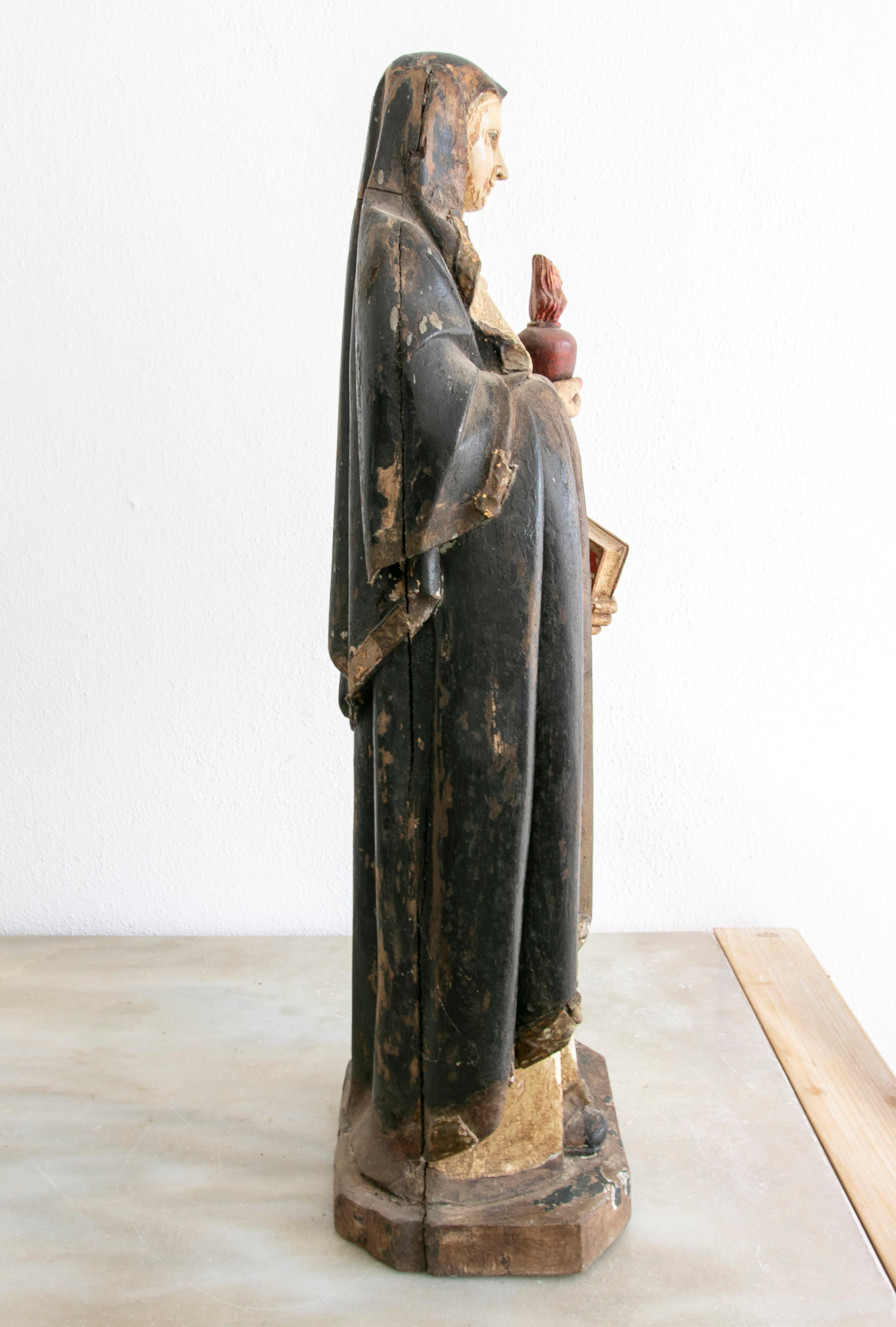 Mid19th Century Spanish Virgin Mary of the Sacred Heart Painted Wooden Sculpture For Sale 1