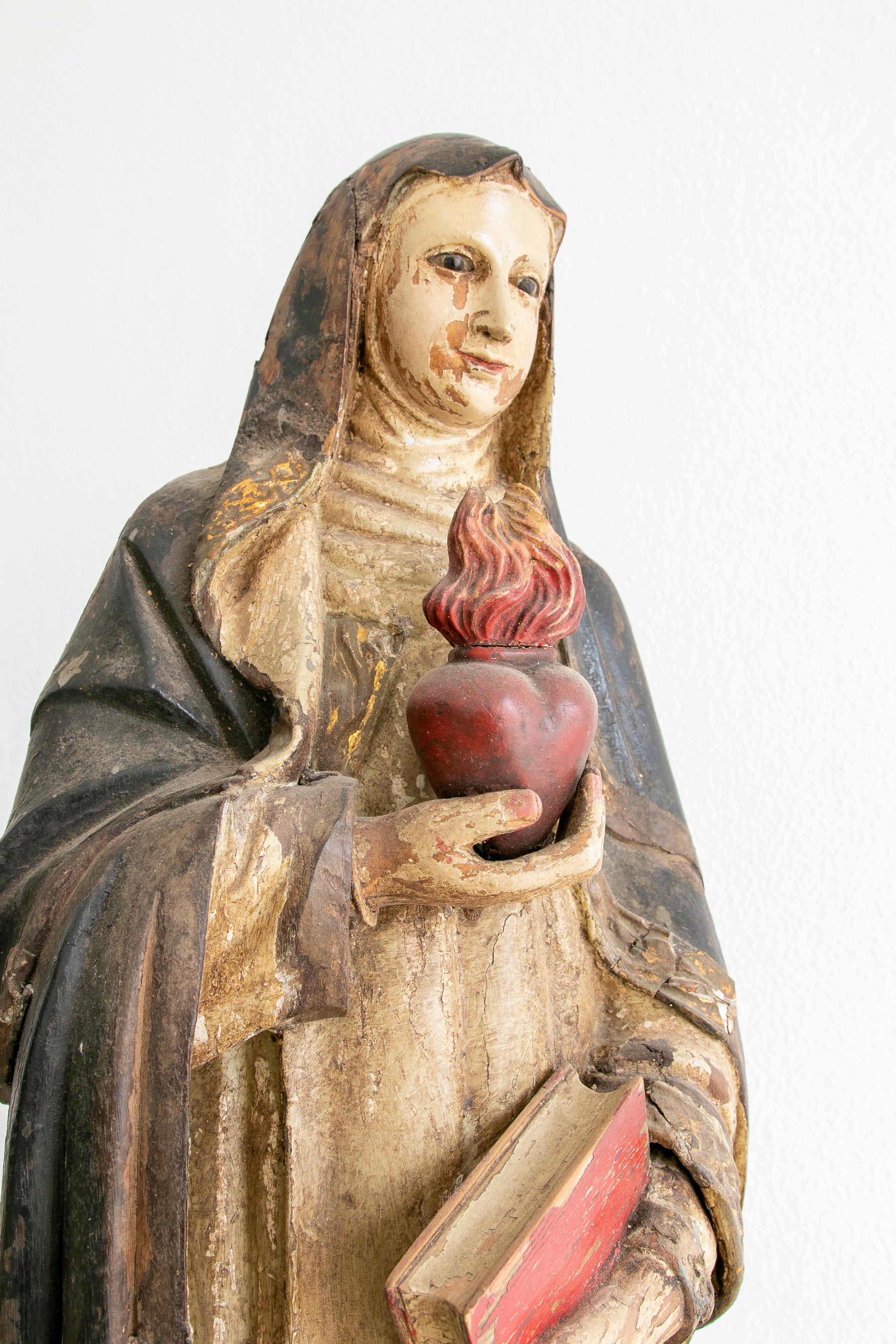 Mid19th Century Spanish Virgin Mary of the Sacred Heart Painted Wooden Sculpture For Sale 2