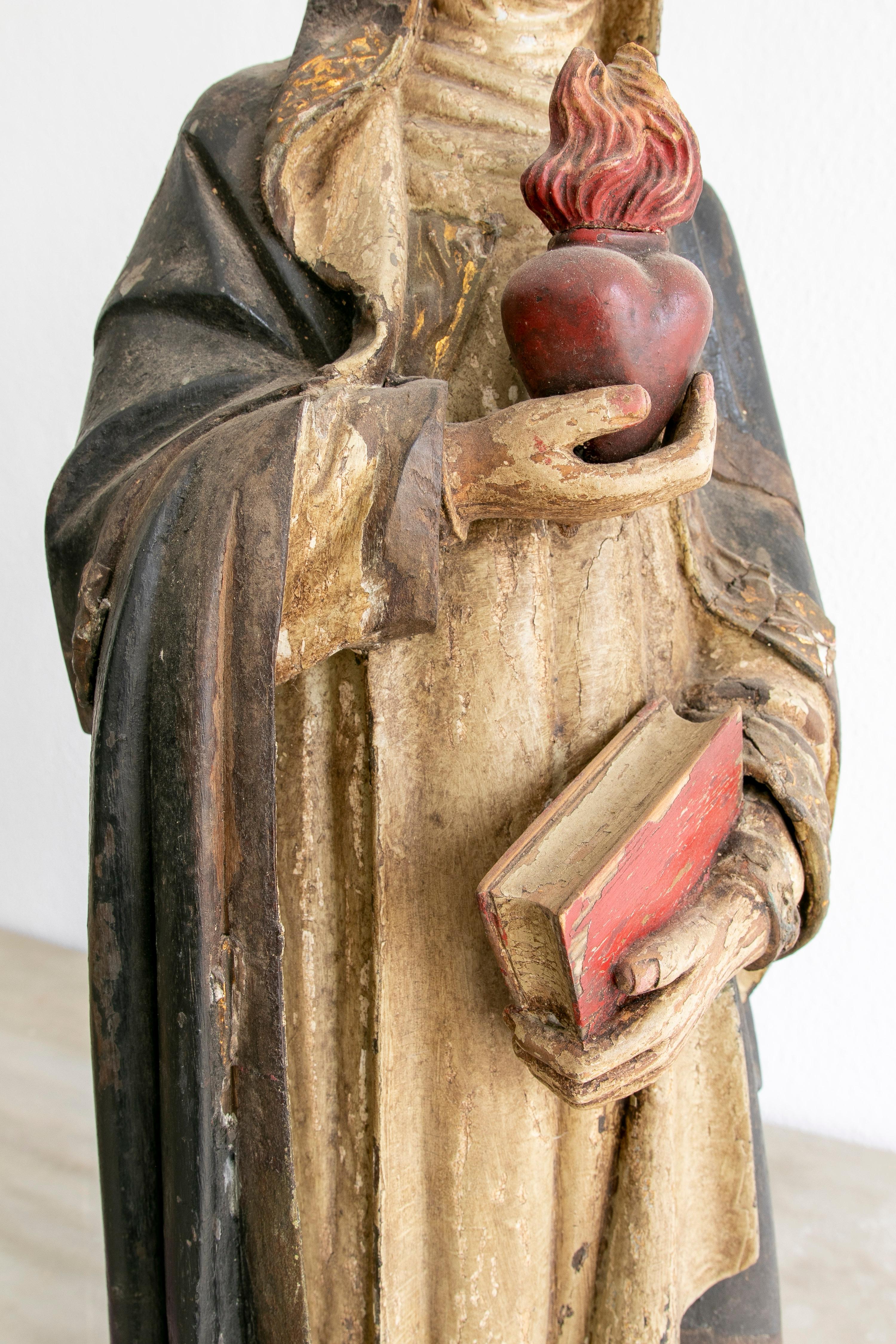 Mid19th Century Spanish Virgin Mary of the Sacred Heart Painted Wooden Sculpture For Sale 3