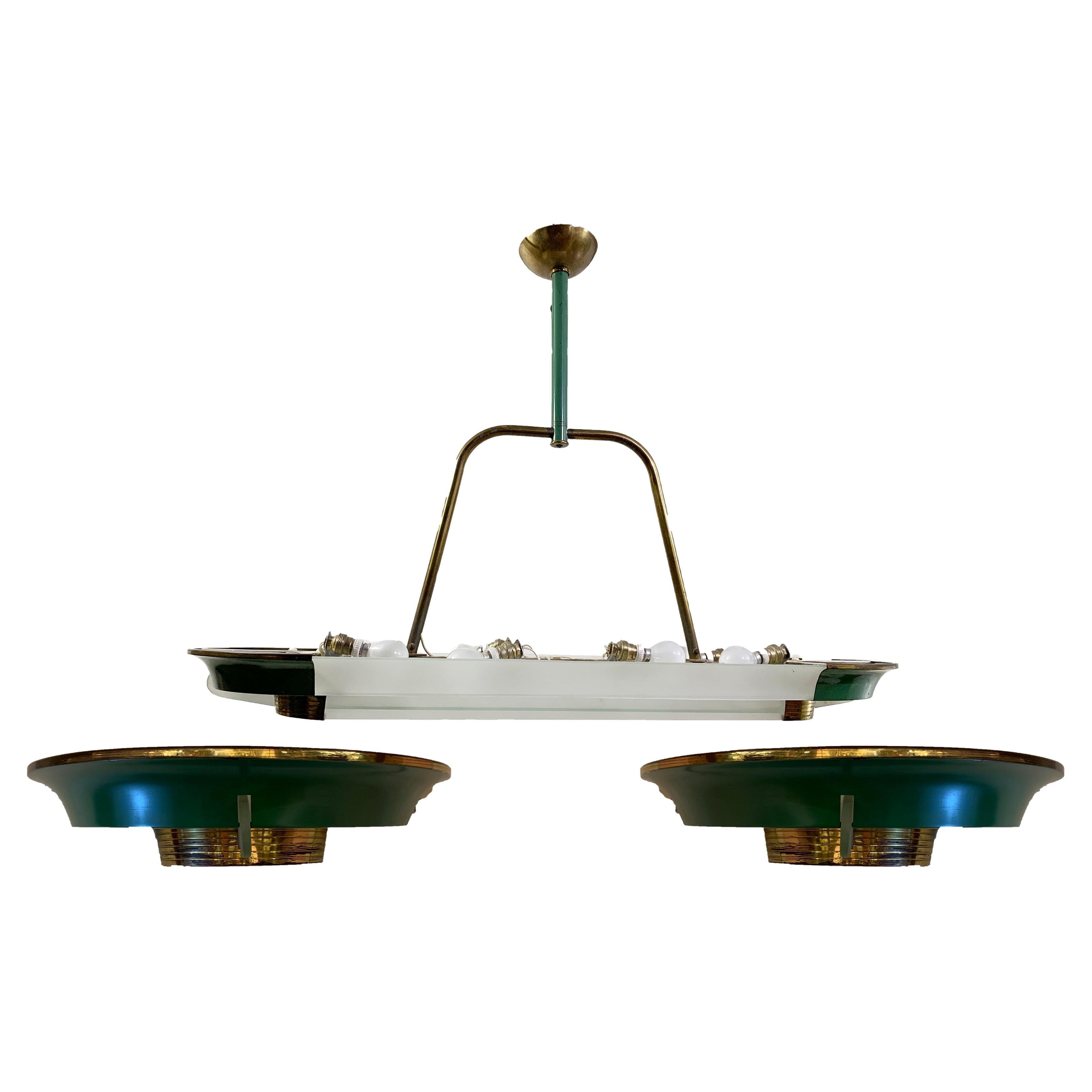 Lampadario ovale Art Deco della metà del 20° secolo con 2 scendiletto - La Brocante D. A. in vendita