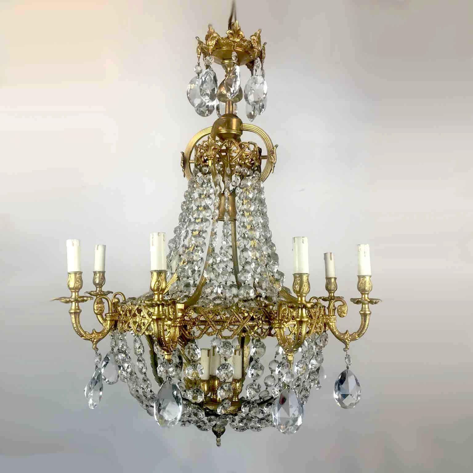 Mid20th Century Italian Empire Style Crystal 24-Karat Gilded Bronze Chandelier  9