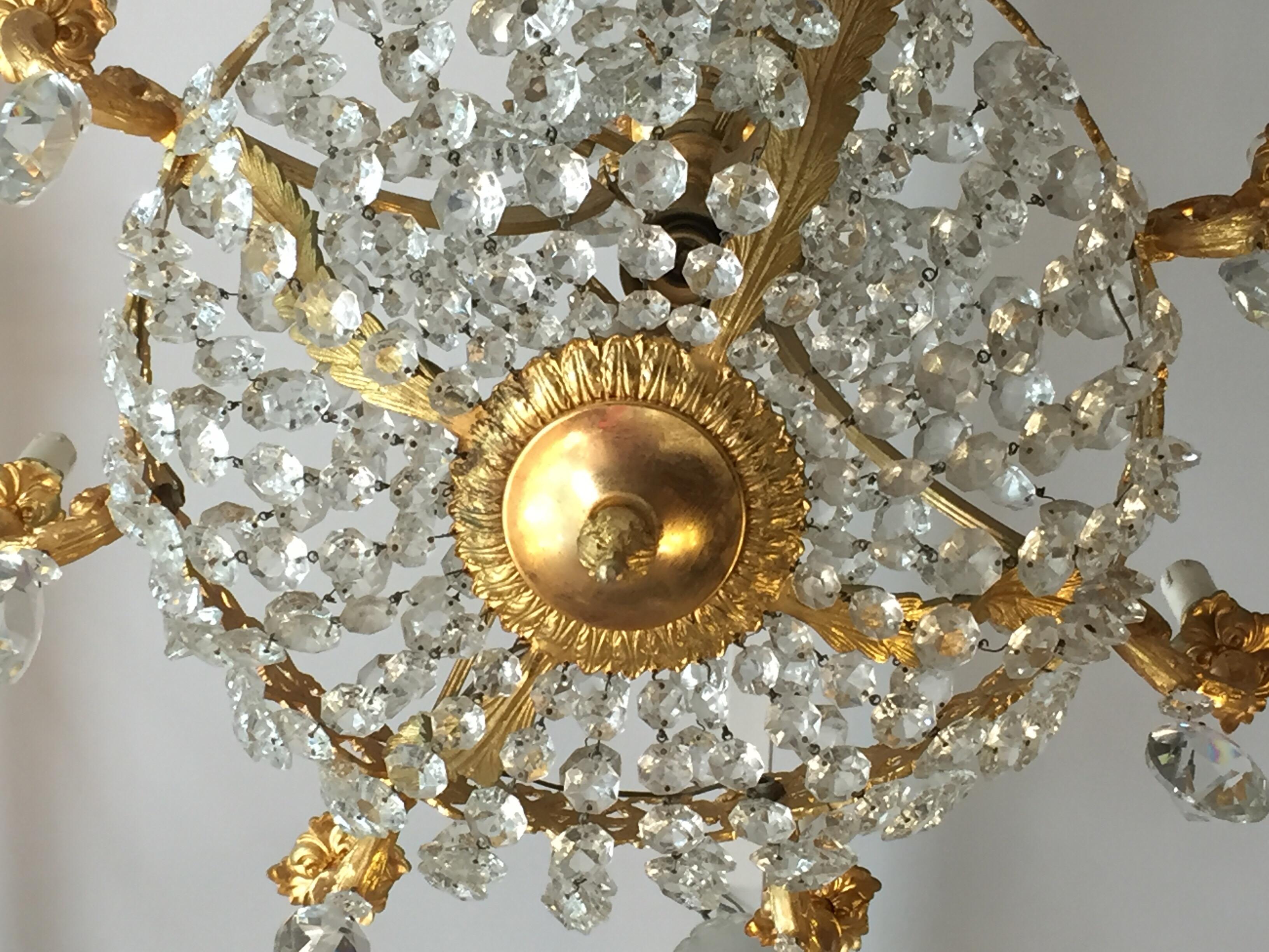 Mid20th Century Italian Empire Style Crystal 24-Karat Gilded Bronze Chandelier  13
