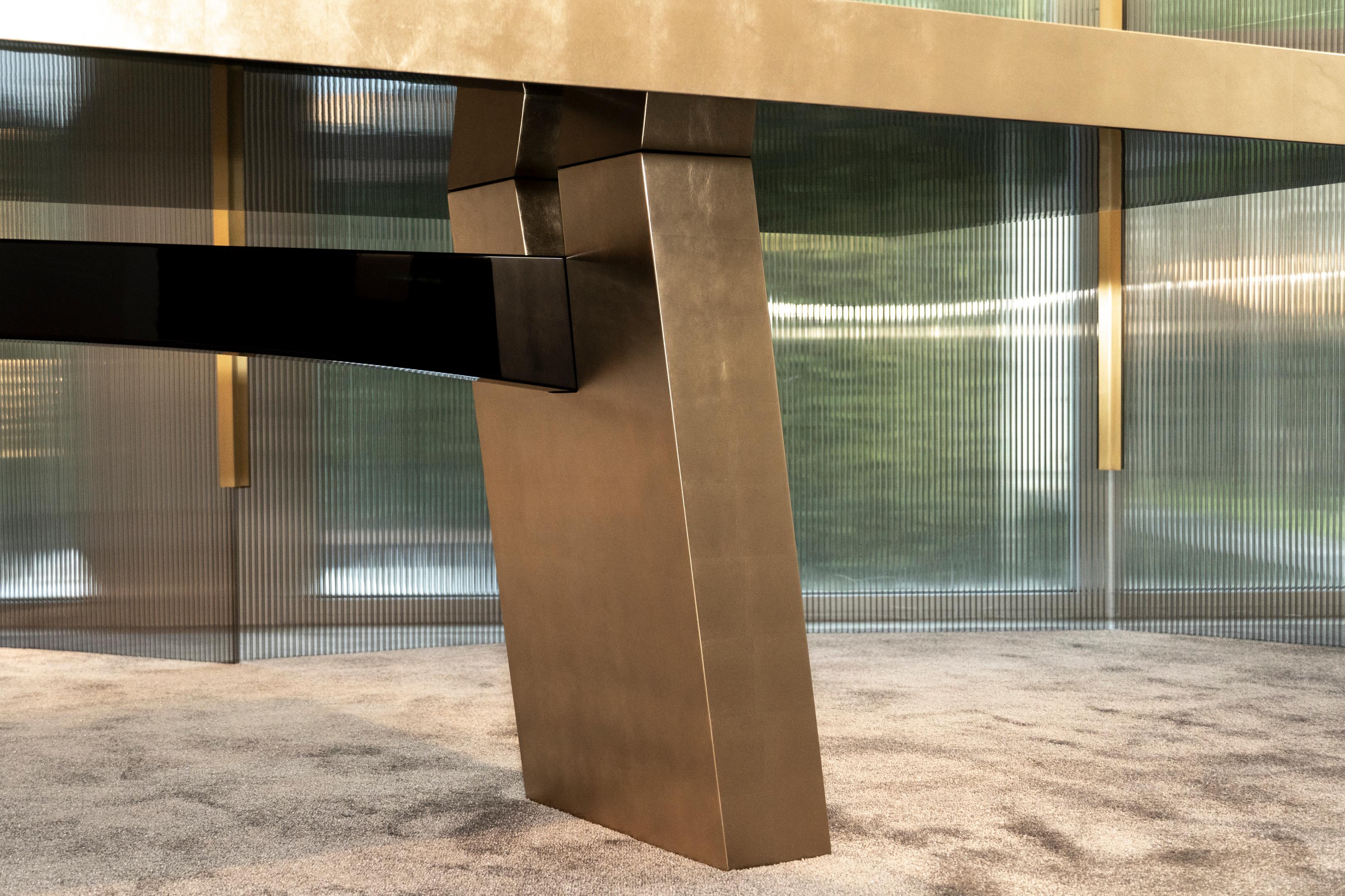 Other Midas 320 Gold Leaf And Ombra Glossy Lacquer Beam Dining Table by Casa Casati For Sale