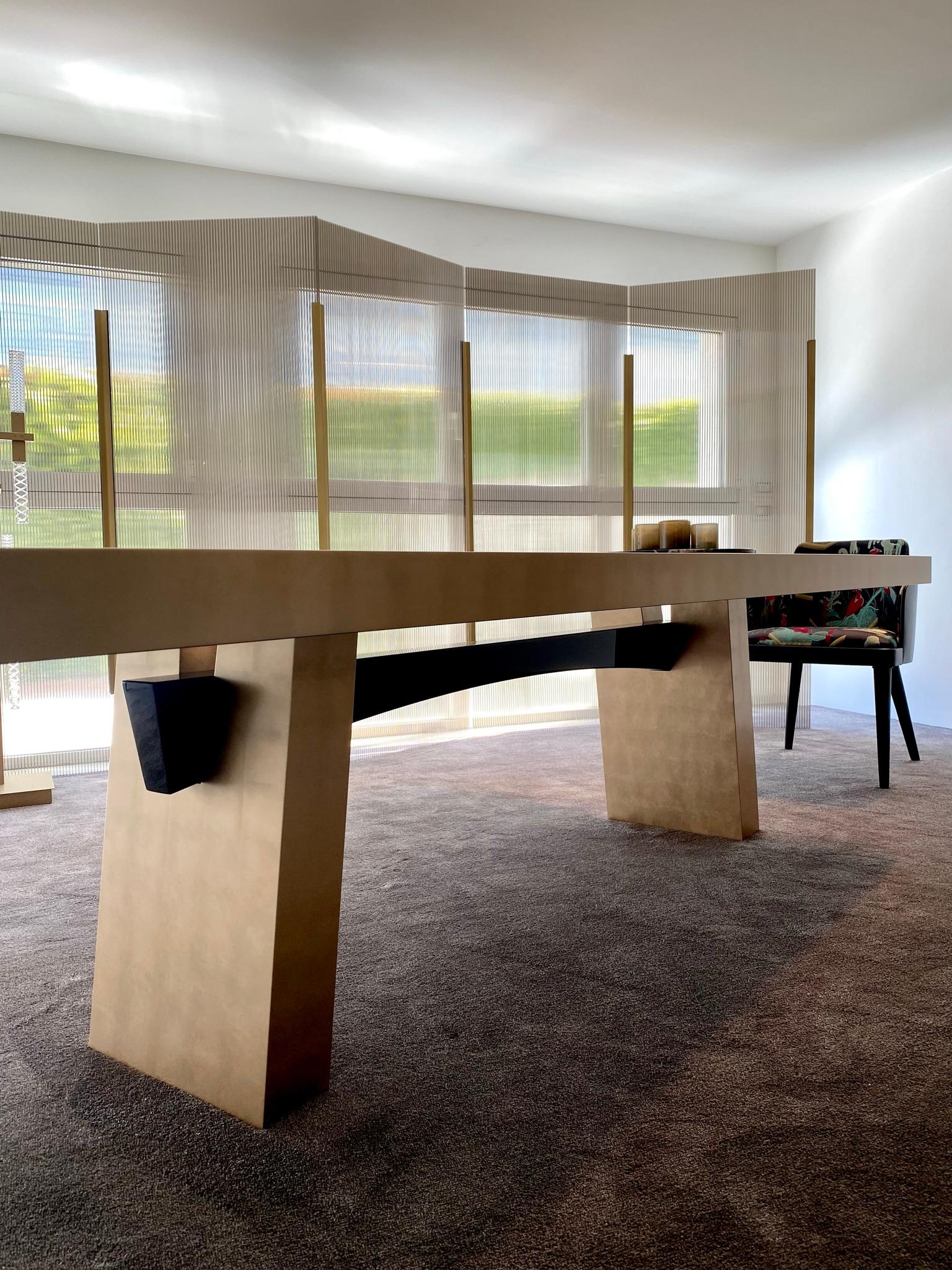 Contemporary Midas 320 Gold Leaf And Ombra Glossy Lacquer Beam Dining Table by Casa Casati For Sale