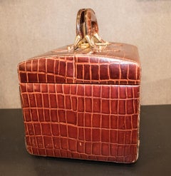 Midcentury Brown Leather Italy MarCo Tadini Vanitycase Snake Effect