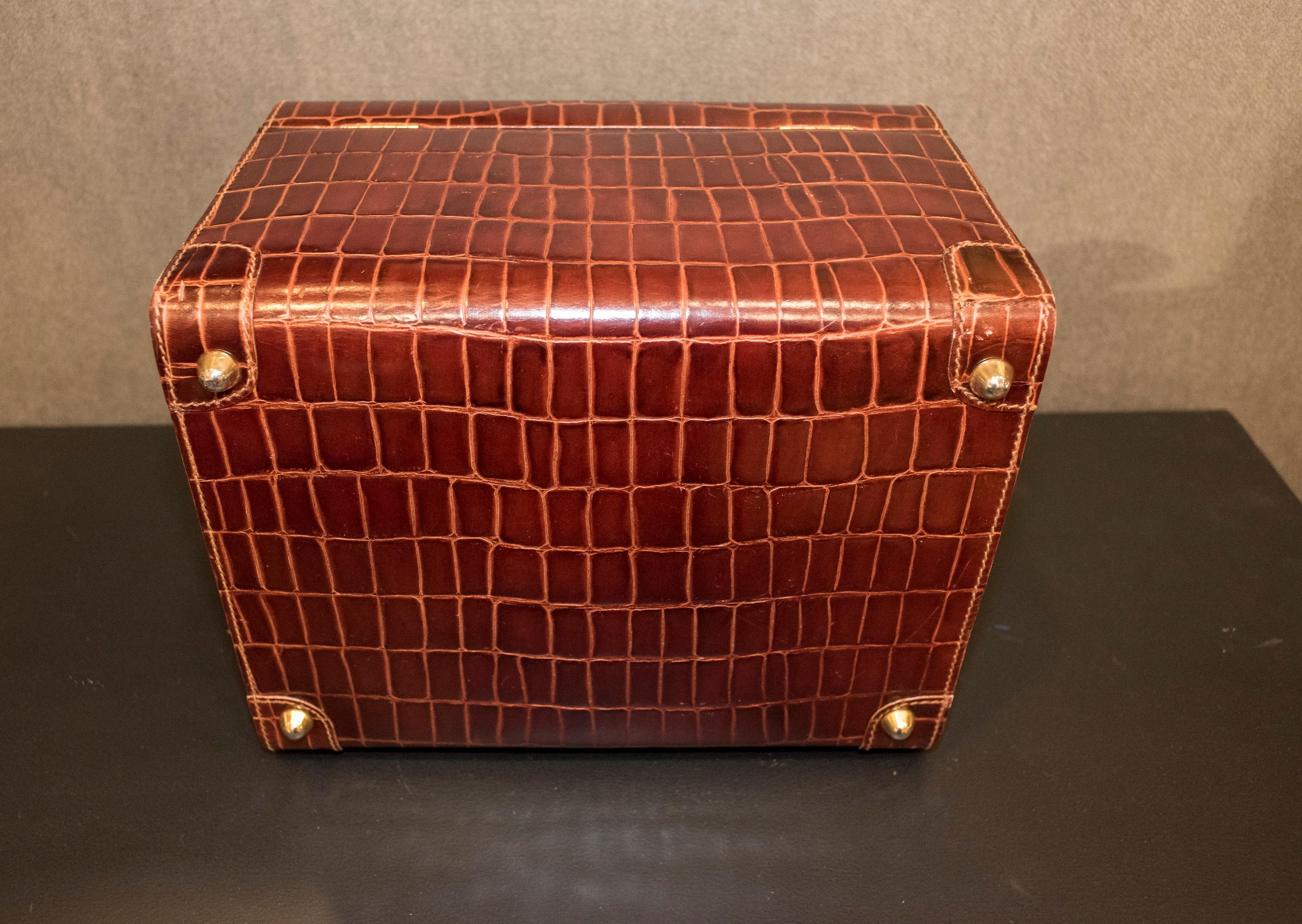 Midcentury Brown Leather Italy MarCo Tadini Vanitycase Snake Effect 11