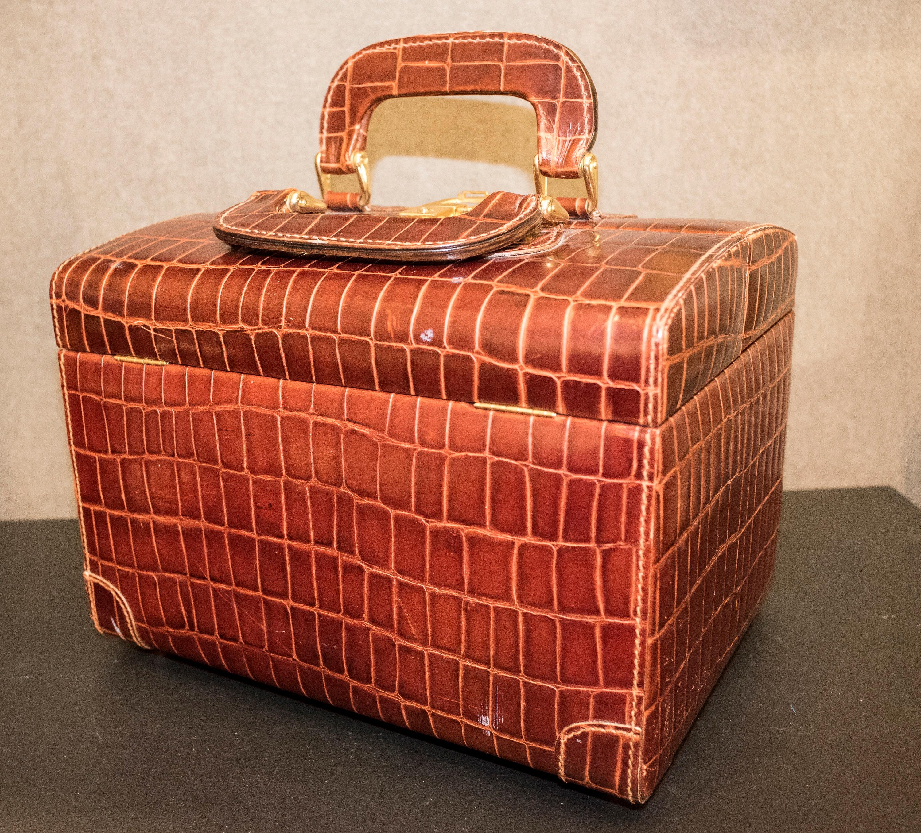 Mid-Century Modern MarCo Tadini Vanitycase en cuir marron effet serpent, Italie, milieu du siècle dernier