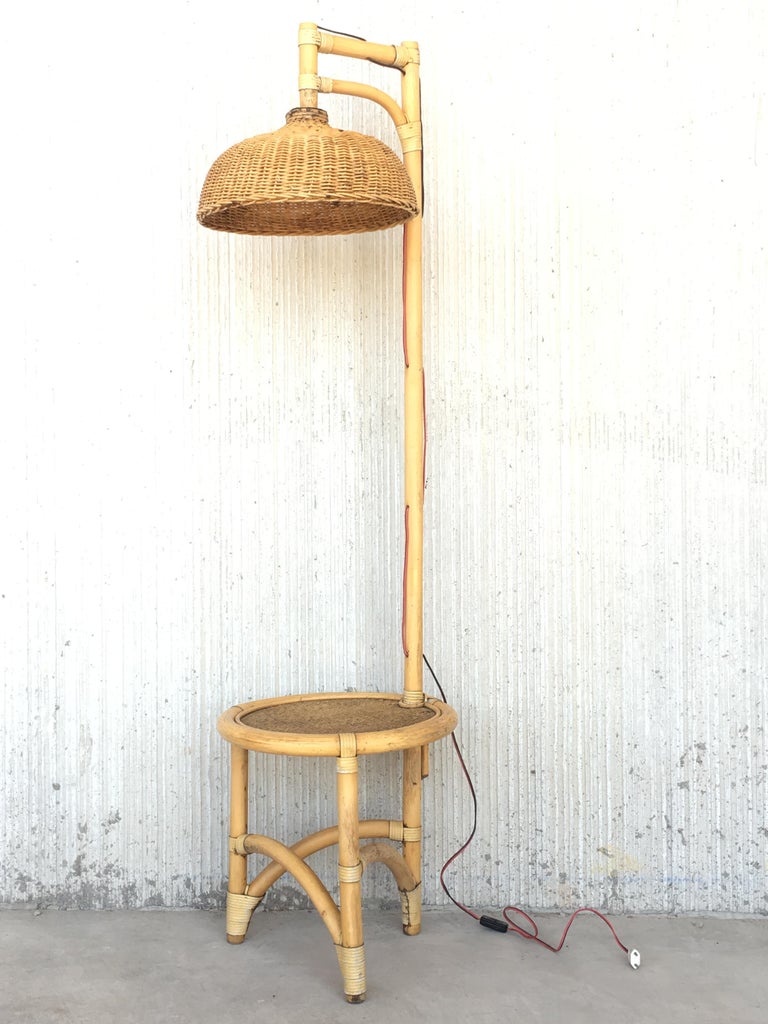 Midcentrury Bamboo and Wicker Floor Lamp with Table at 1stDibs