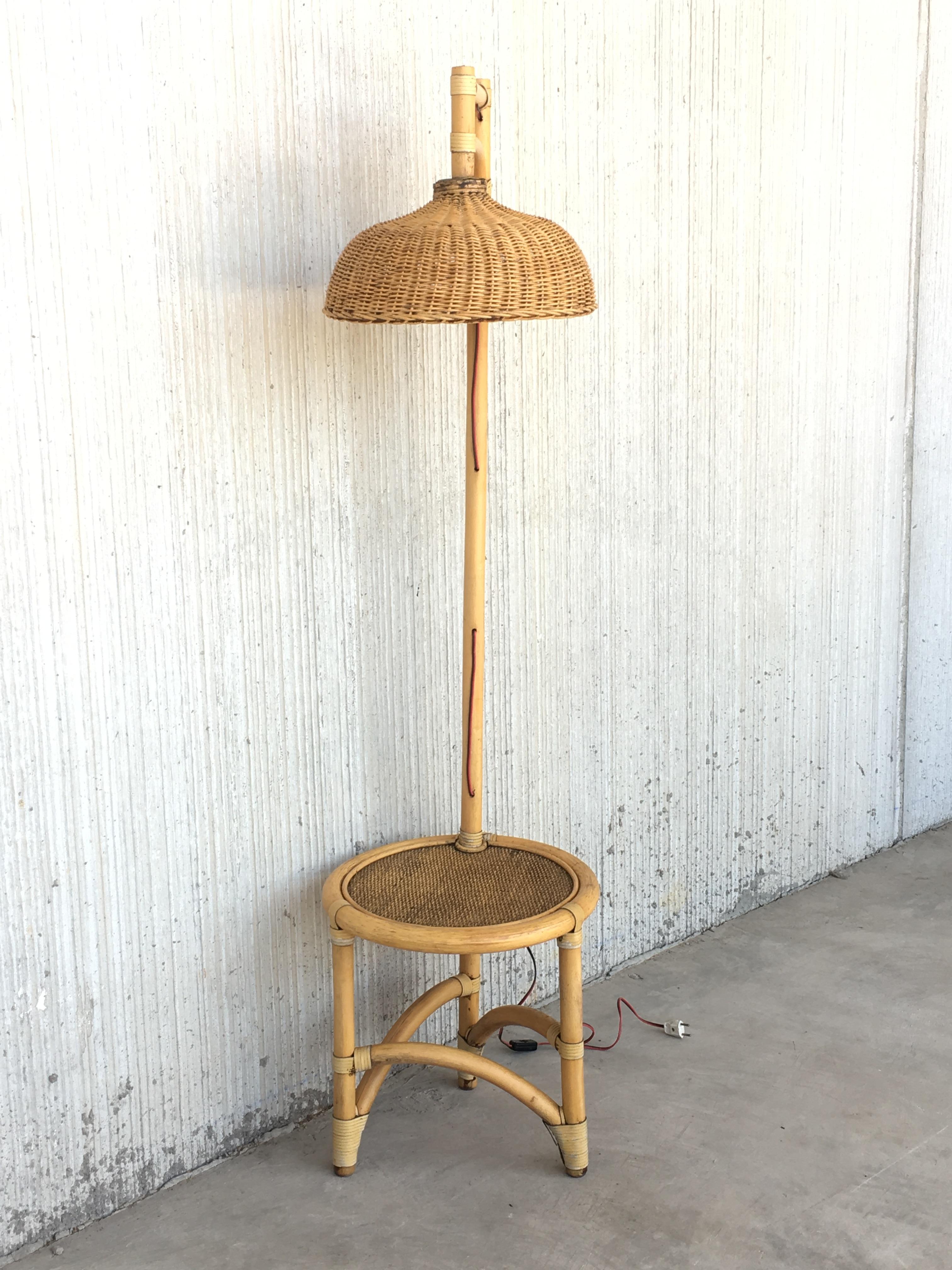 Mid-Century Modern Midcentrury Bamboo and Wicker Floor Lamp with Table