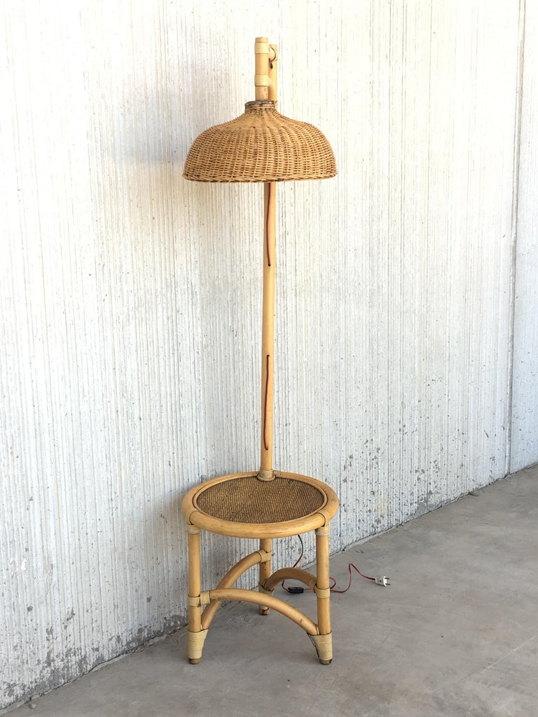 Midcentrury Bamboo and Wicker Floor Lamp with Table at 1stDibs