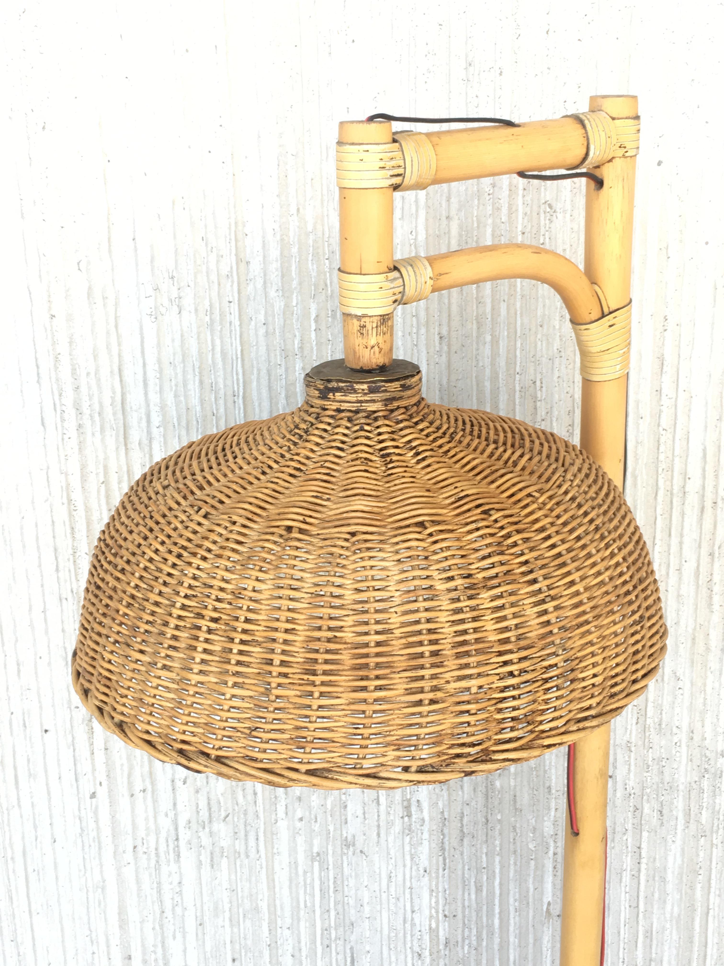 French Midcentrury Bamboo and Wicker Floor Lamp with Table