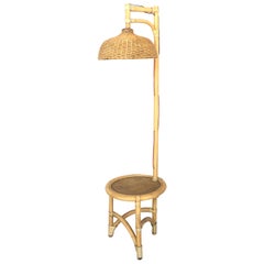 Midcentrury Bamboo and Wicker Floor Lamp with Table