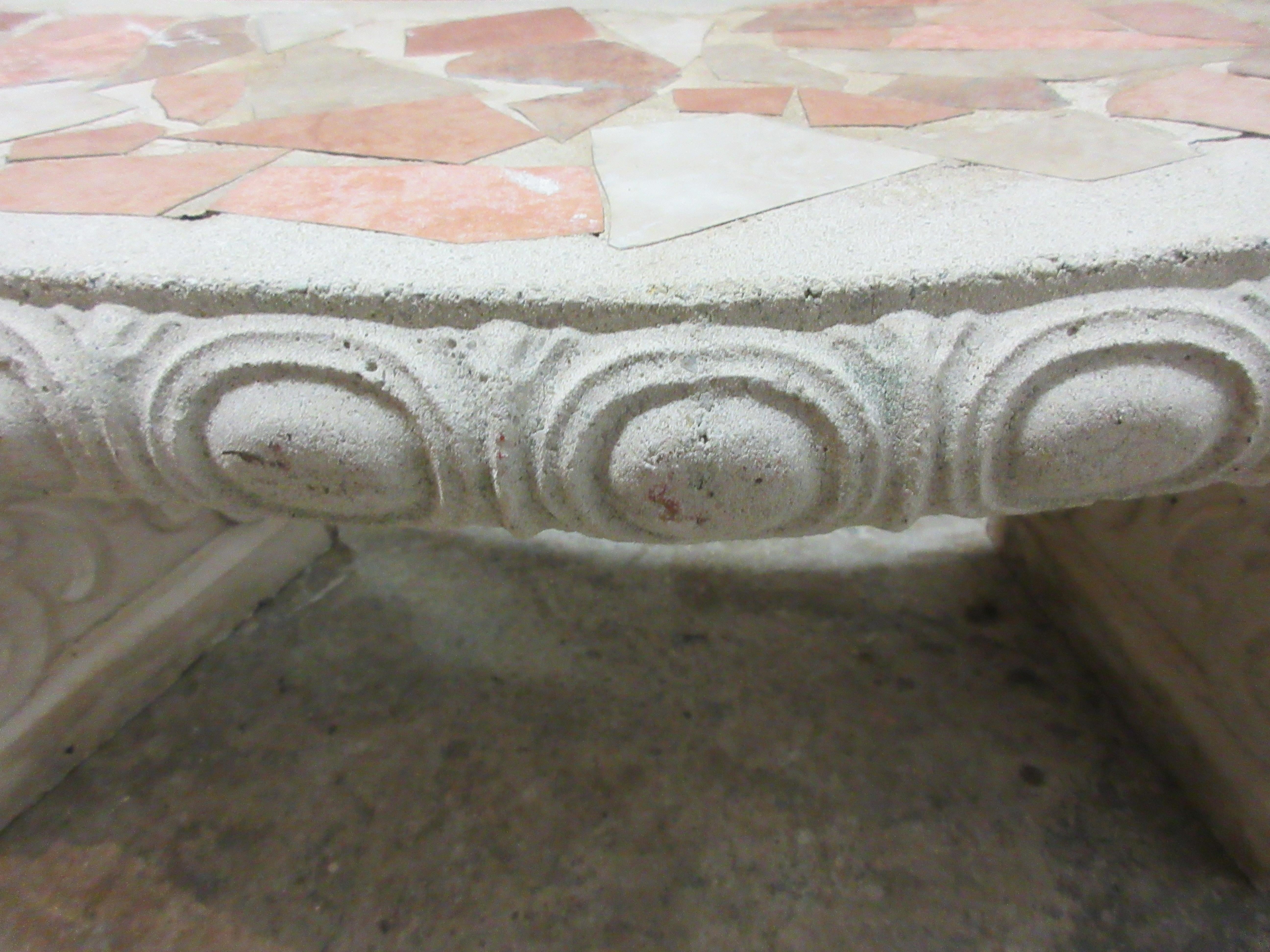 Concrete Midcentry Mosaic Garden Table + Benches  For Sale