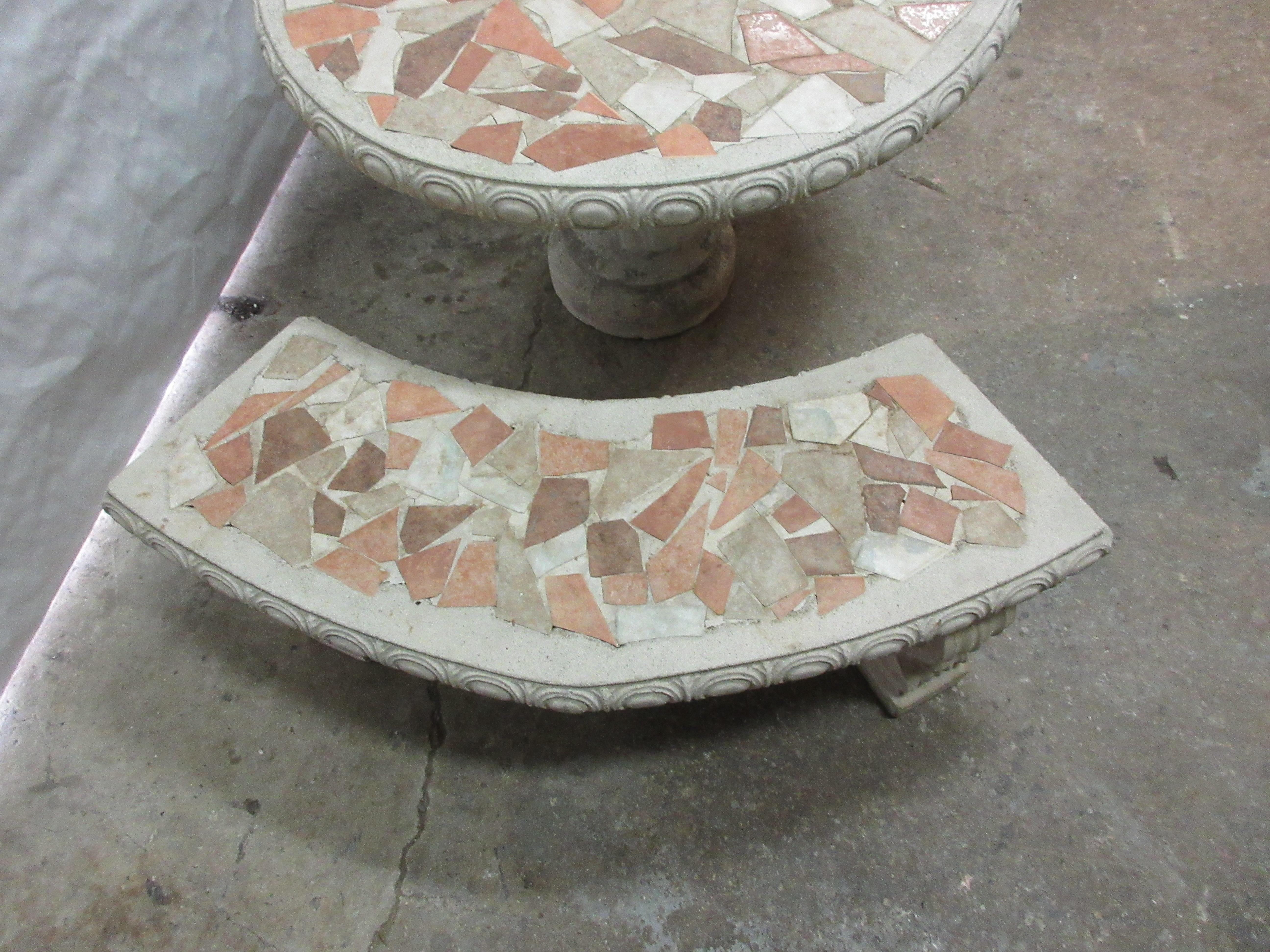 Other Midcentry Mosaic Garden Table + Benches  For Sale