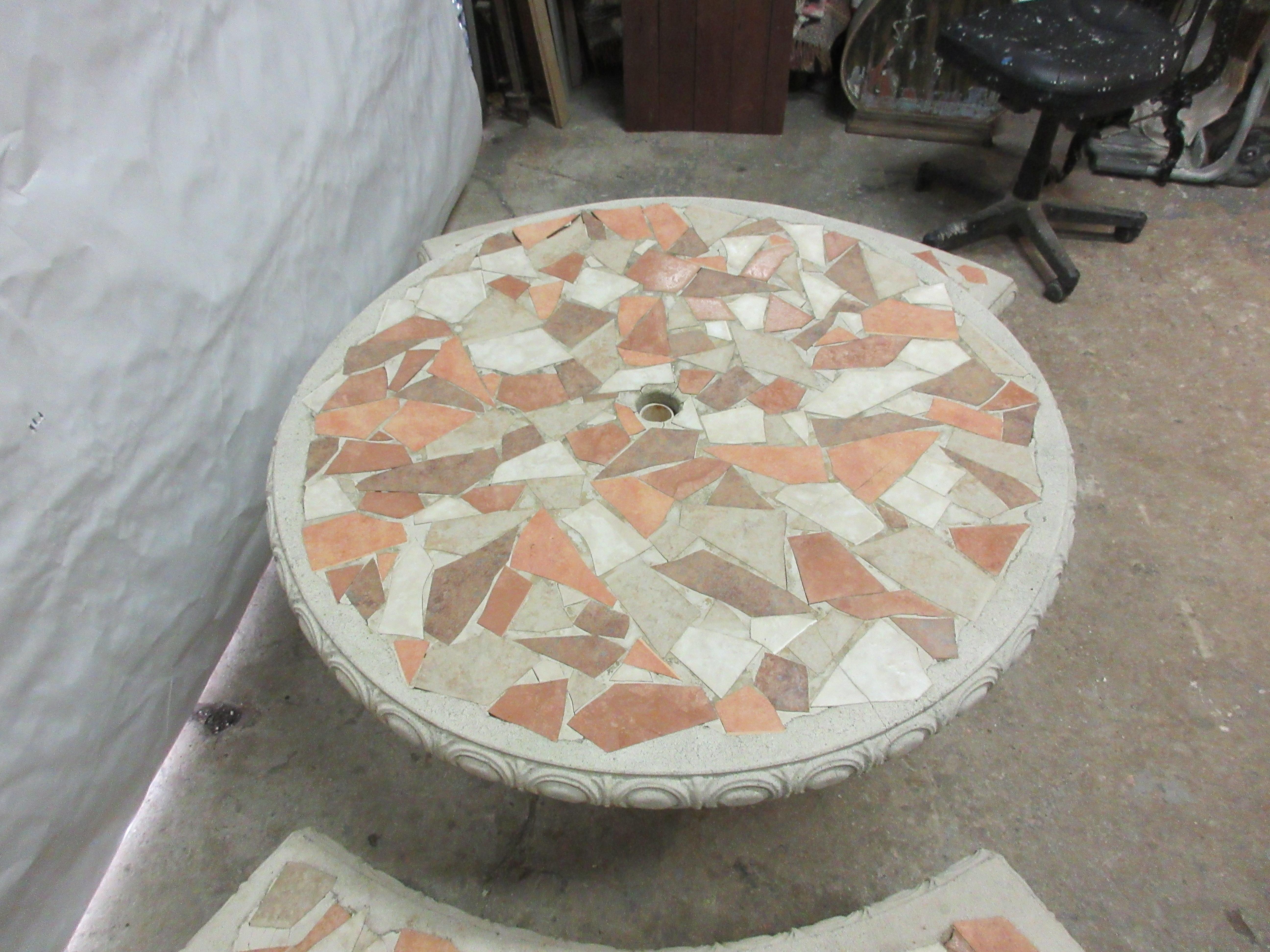 American Midcentry Mosaic Garden Table + Benches  For Sale