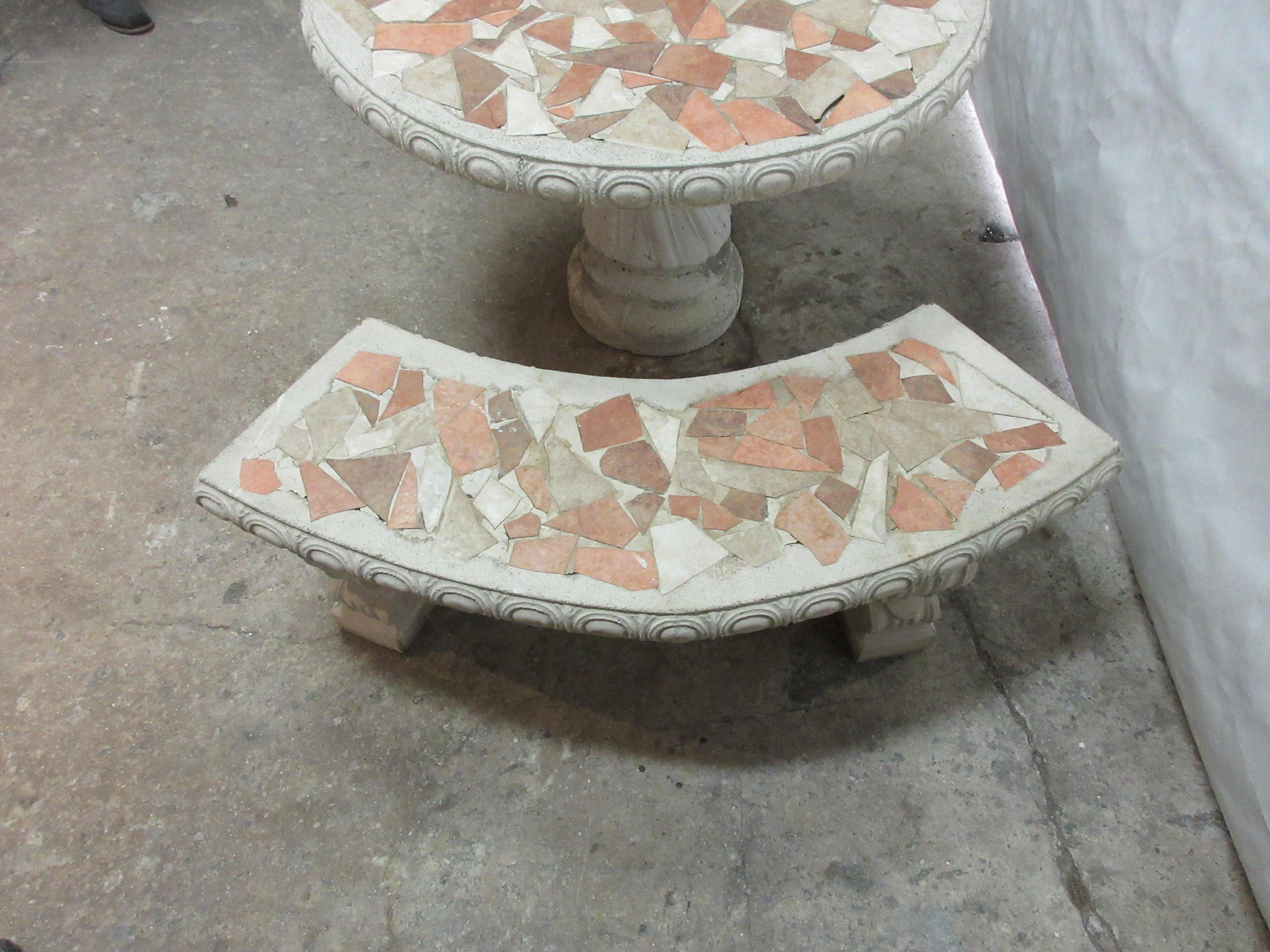 Midcentry Mosaic Garden Table + Benches  In Fair Condition For Sale In Hollywood, FL
