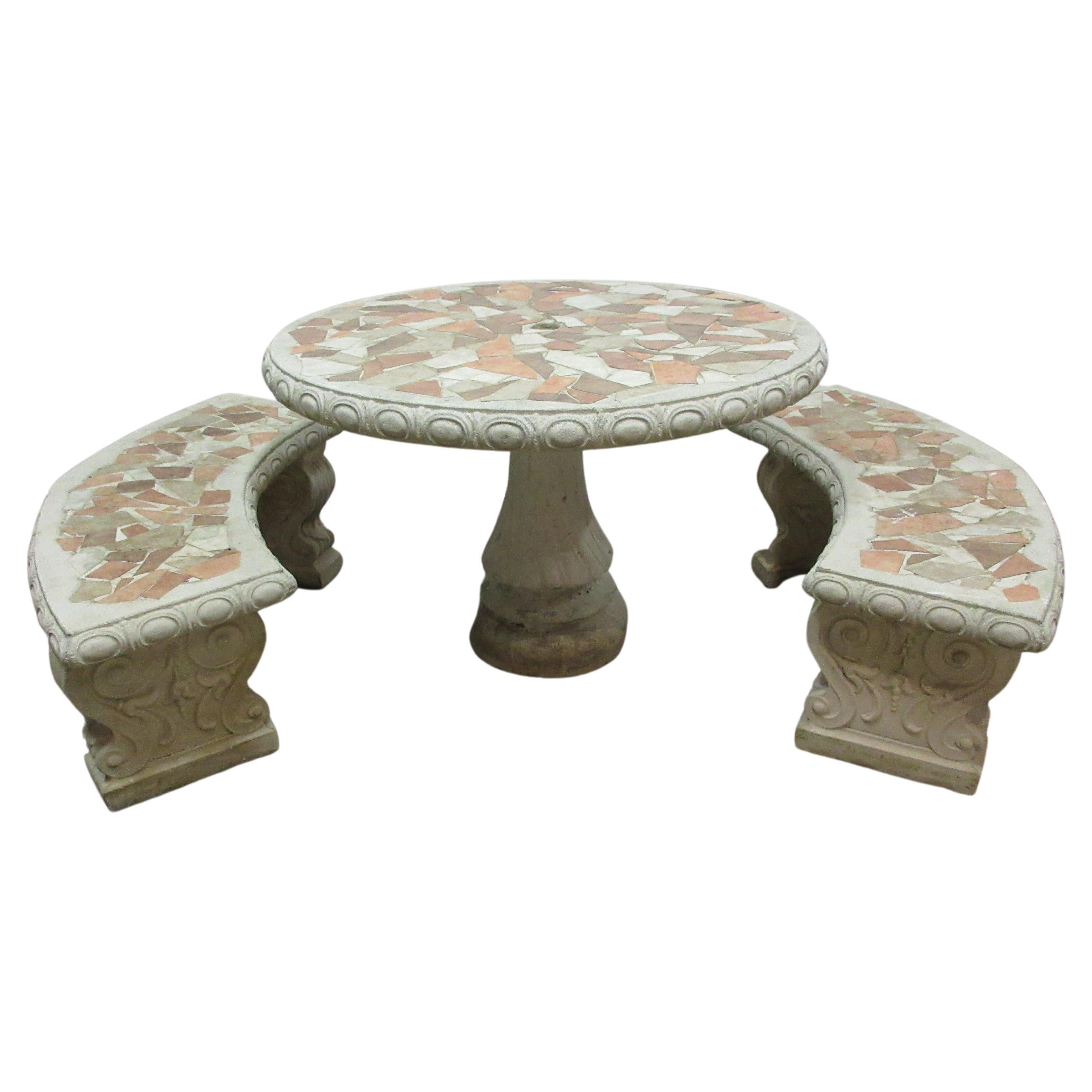 Midcentry Mosaic Garden Table + Benches  For Sale