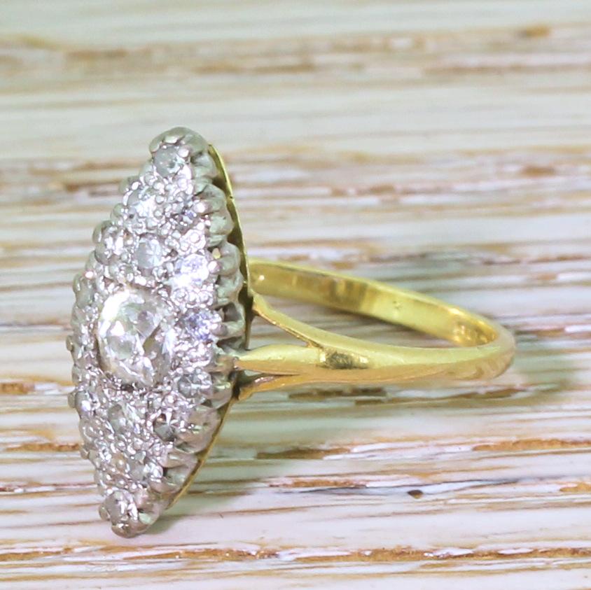 Women's Midcentury 0.47 Carat Old Cut Diamond Navette Cluster Ring, circa 1950 For Sale