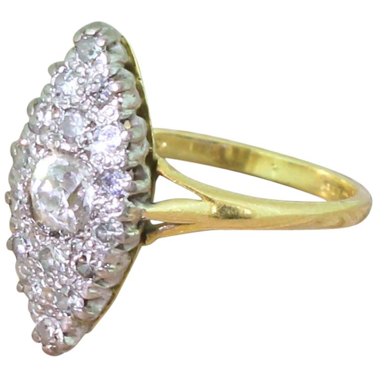 Midcentury 0.47 Carat Old Cut Diamond Navette Cluster Ring, circa 1950 For Sale