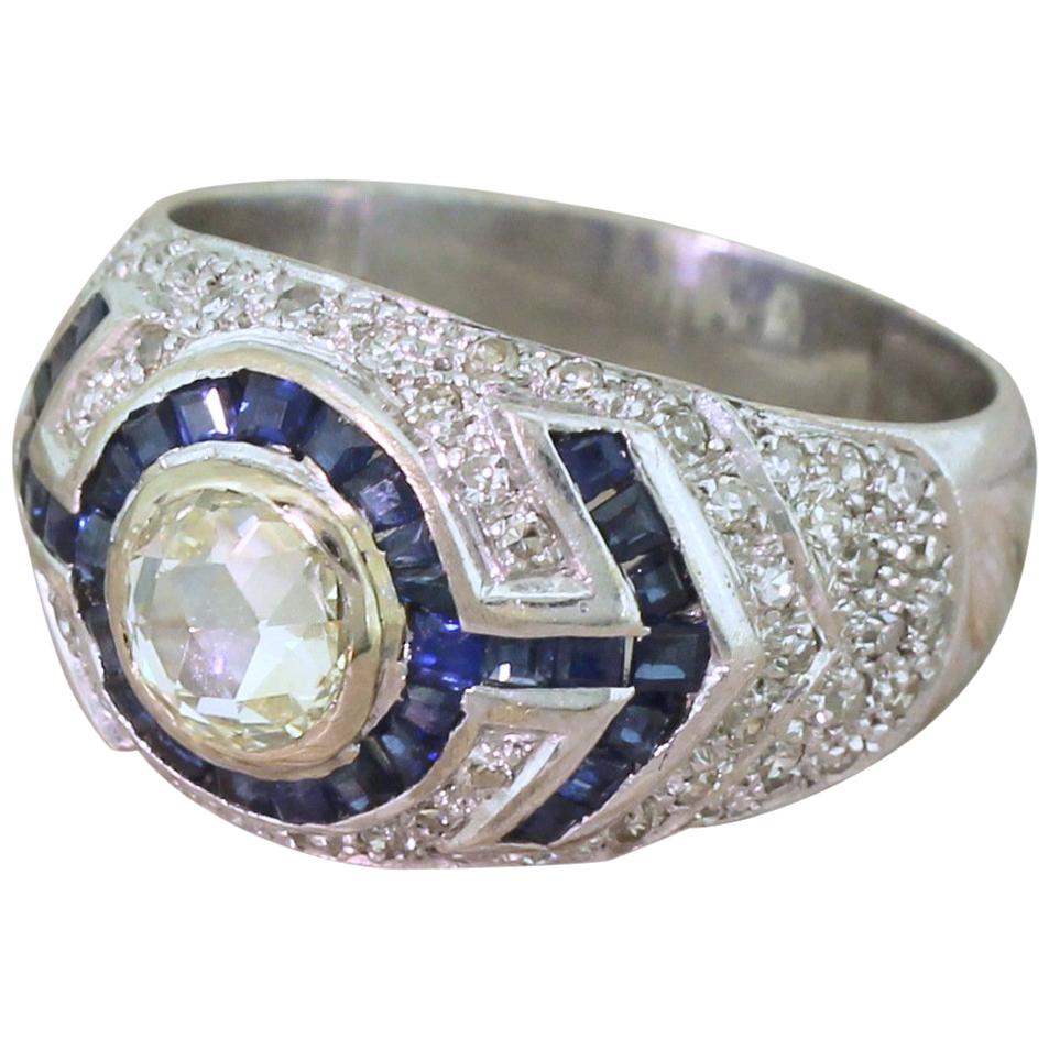 Midcentury 0.79 Carat Rose Cut Diamond and Sapphire 18 Karat Gold Ring For Sale