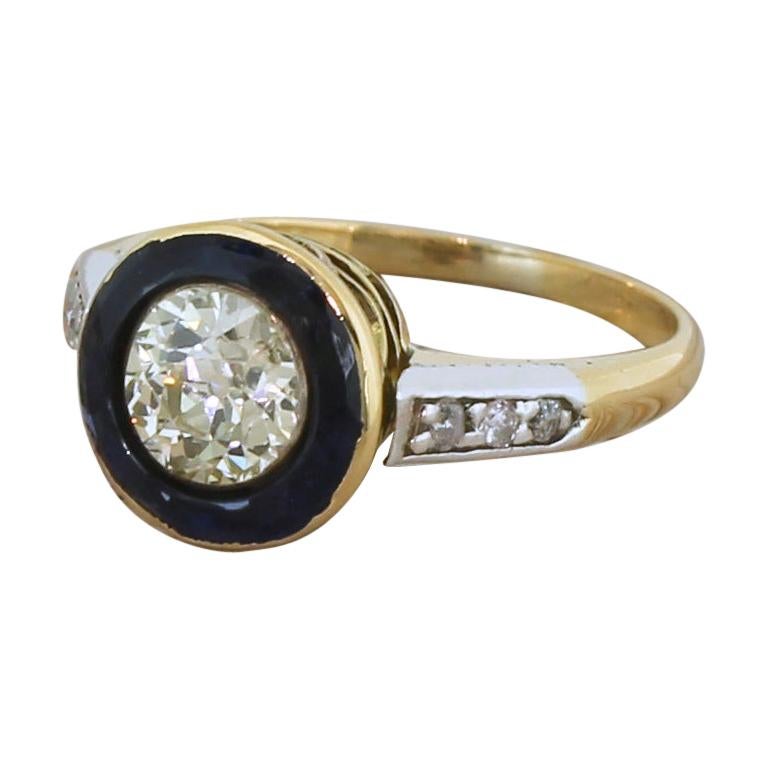 Midcentury 0.84 Carat Old Curt Diamond and Sapphire Target Ring For Sale