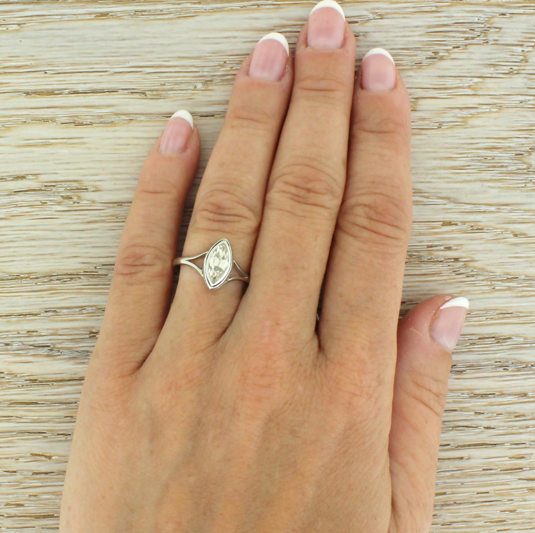 Midcentury 0.94 Carat Marquise Cut Diamond Engagement Ring 1
