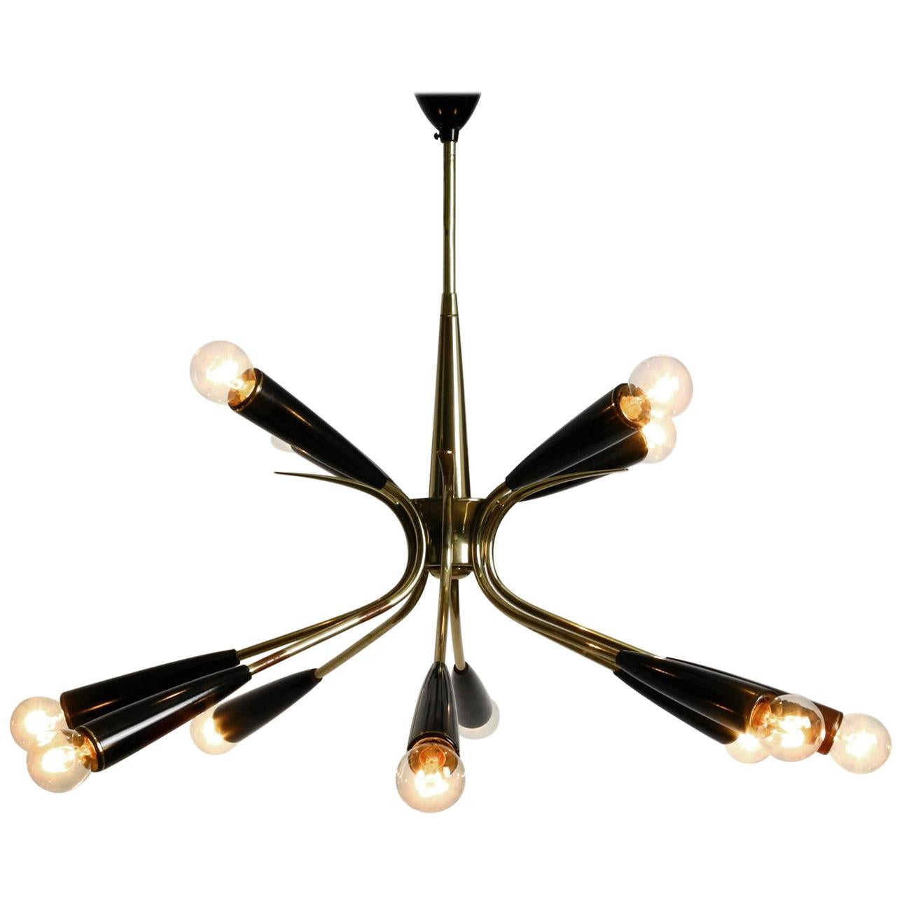 Midcentury 12 Armed Sputnik Brass Ceiling Lamp with Cones Made of Bakalite
