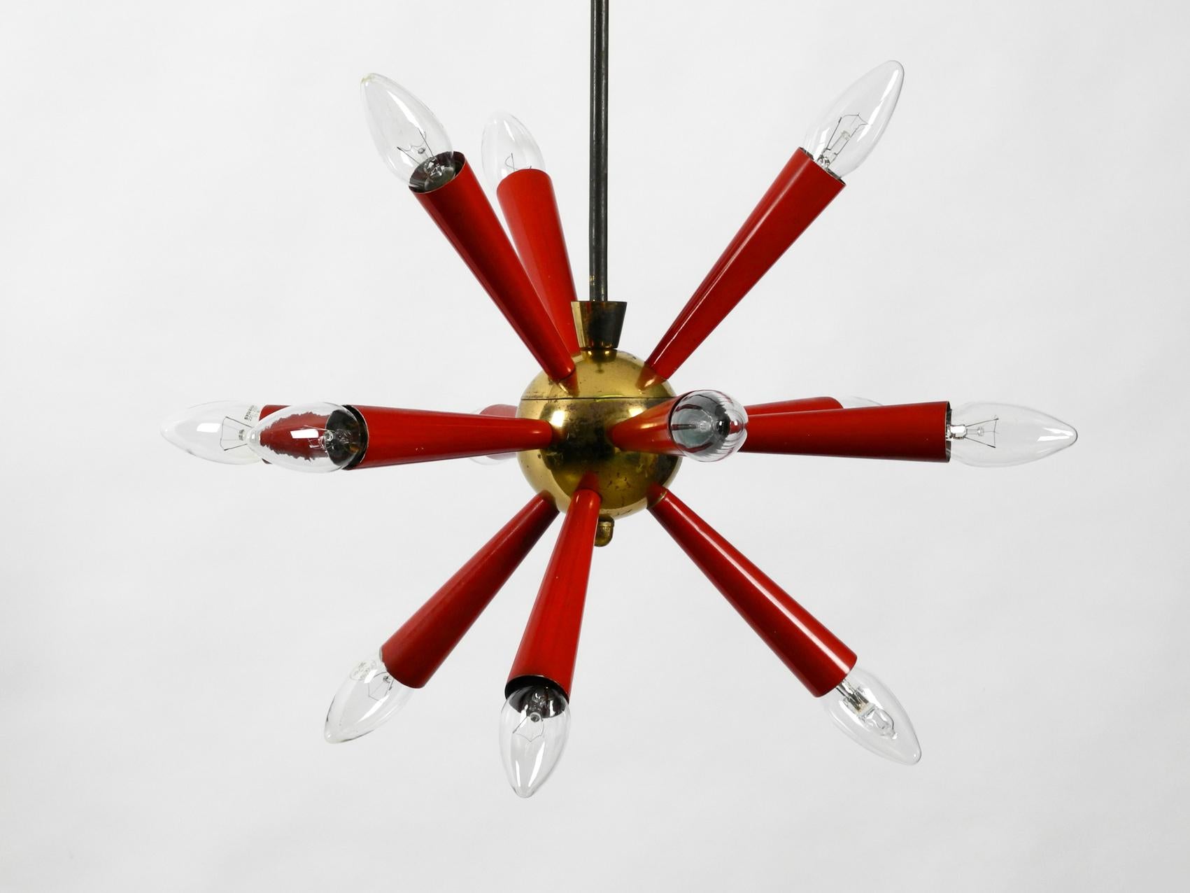 Mid-Century Modern Midcentury 12-Armed Sputnik Ceiling Lamp Made of Brass and Red Painted Metal