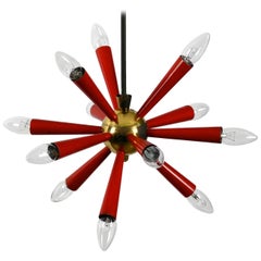 Midcentury 12-Armed Sputnik Ceiling Lamp Made of Brass and Red Painted Metal