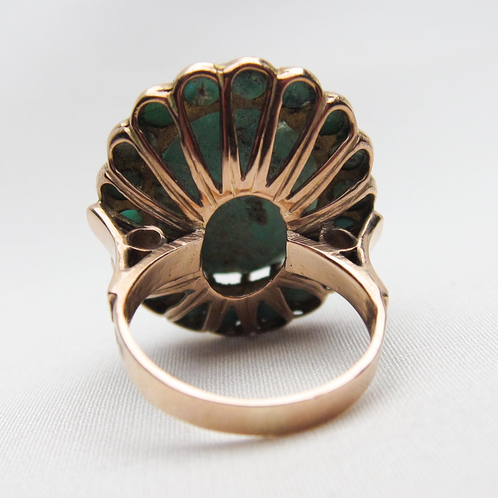 Women's or Men's Midcentury 14 Karat Gold 26.86 Carat Turquoise Cabochon Halo Cocktail Ring For Sale