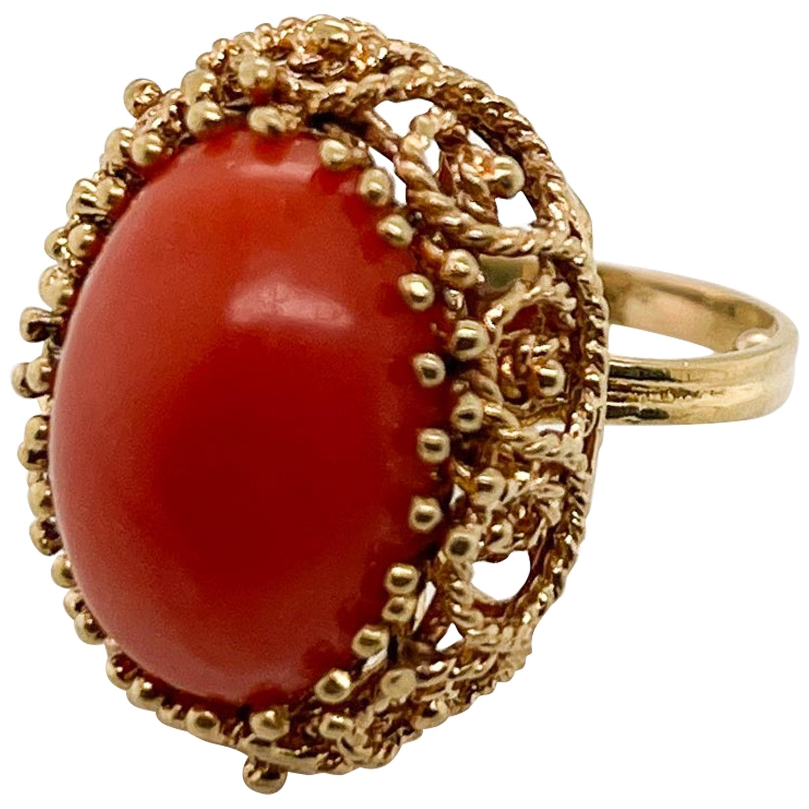 Midcentury 14 Karat Gold and Coral Cabochon Cocktail Ring