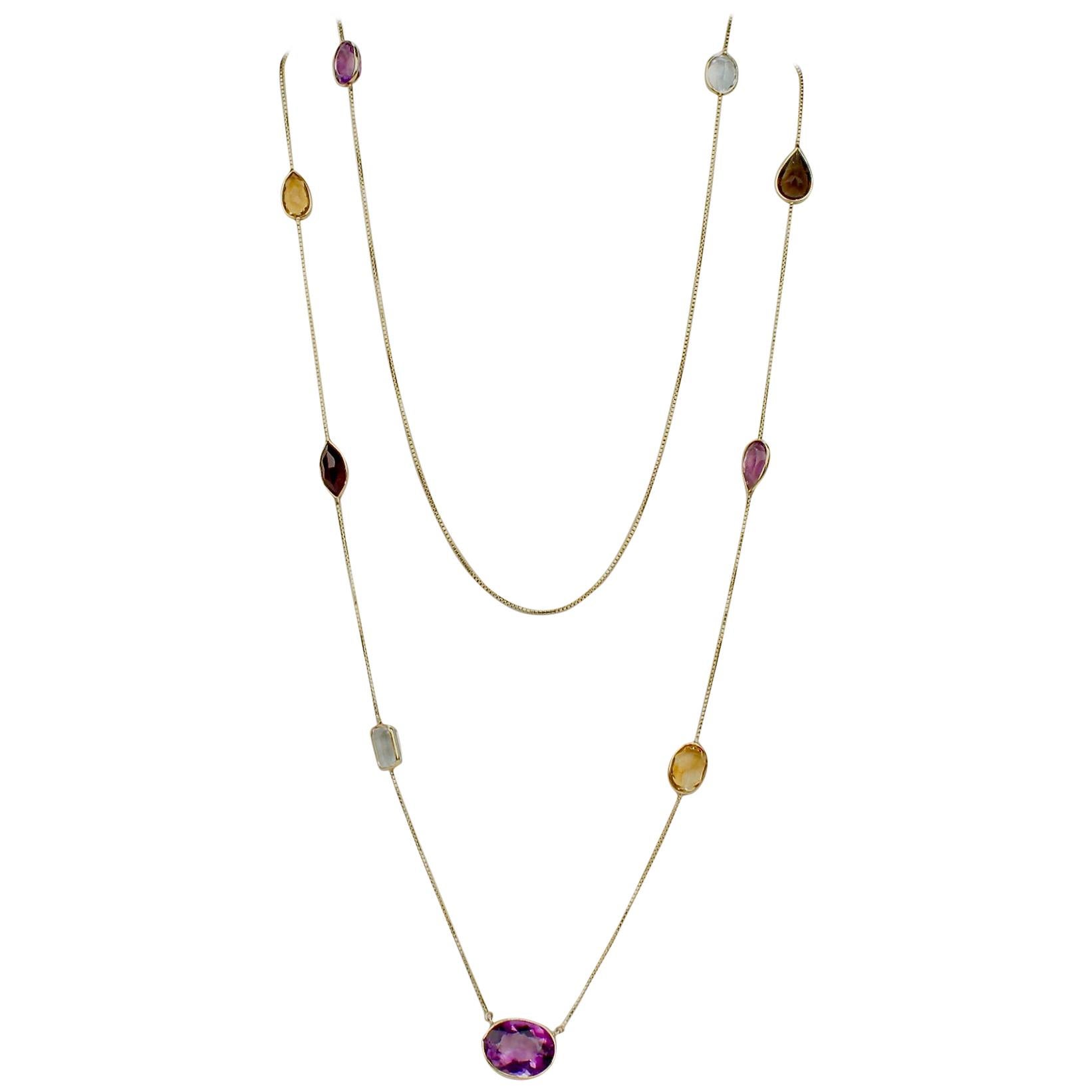 Midcentury 14 Karat Gold and Multi-Gemstone Rope Length Necklace For Sale