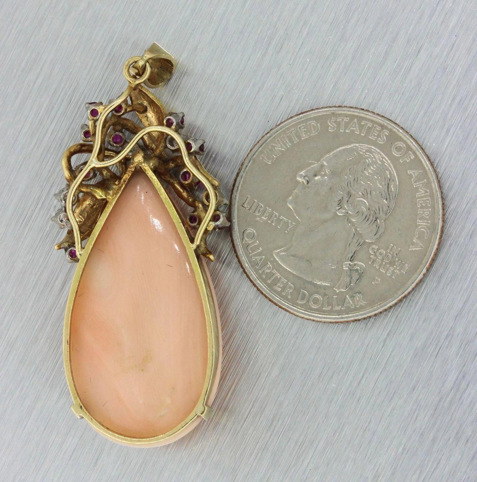 Retro Midcentury 14 Karat Gold Angel Skin Coral Ruby Diamond Pear Necklace Pendant For Sale