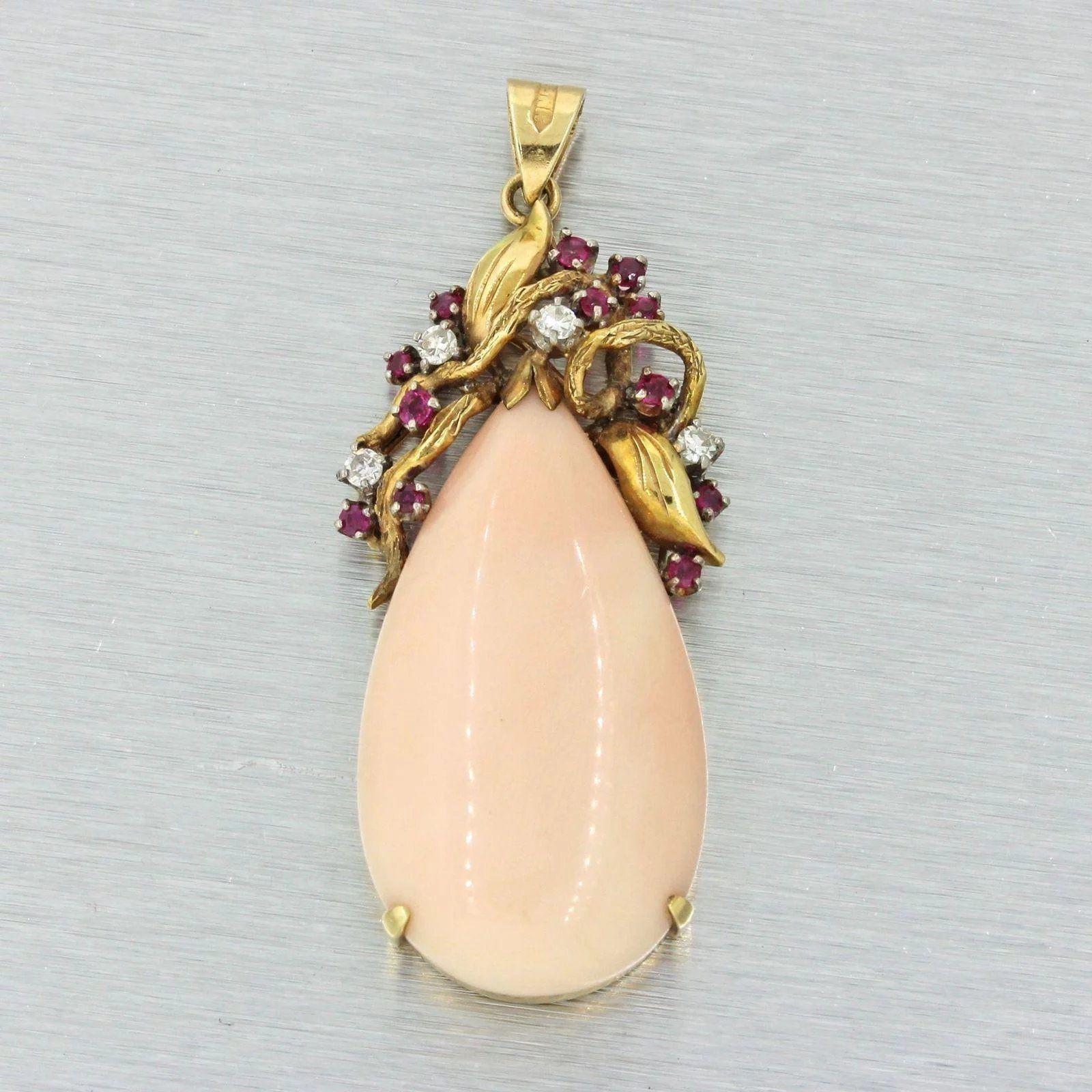 Round Cut Midcentury 14 Karat Gold Angel Skin Coral Ruby Diamond Pear Necklace Pendant For Sale